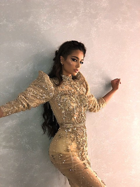 Gold Adorned Maxi Dress with Puff Sleeves M Gold Adorned Maxi Dress with Puff Sleeves M