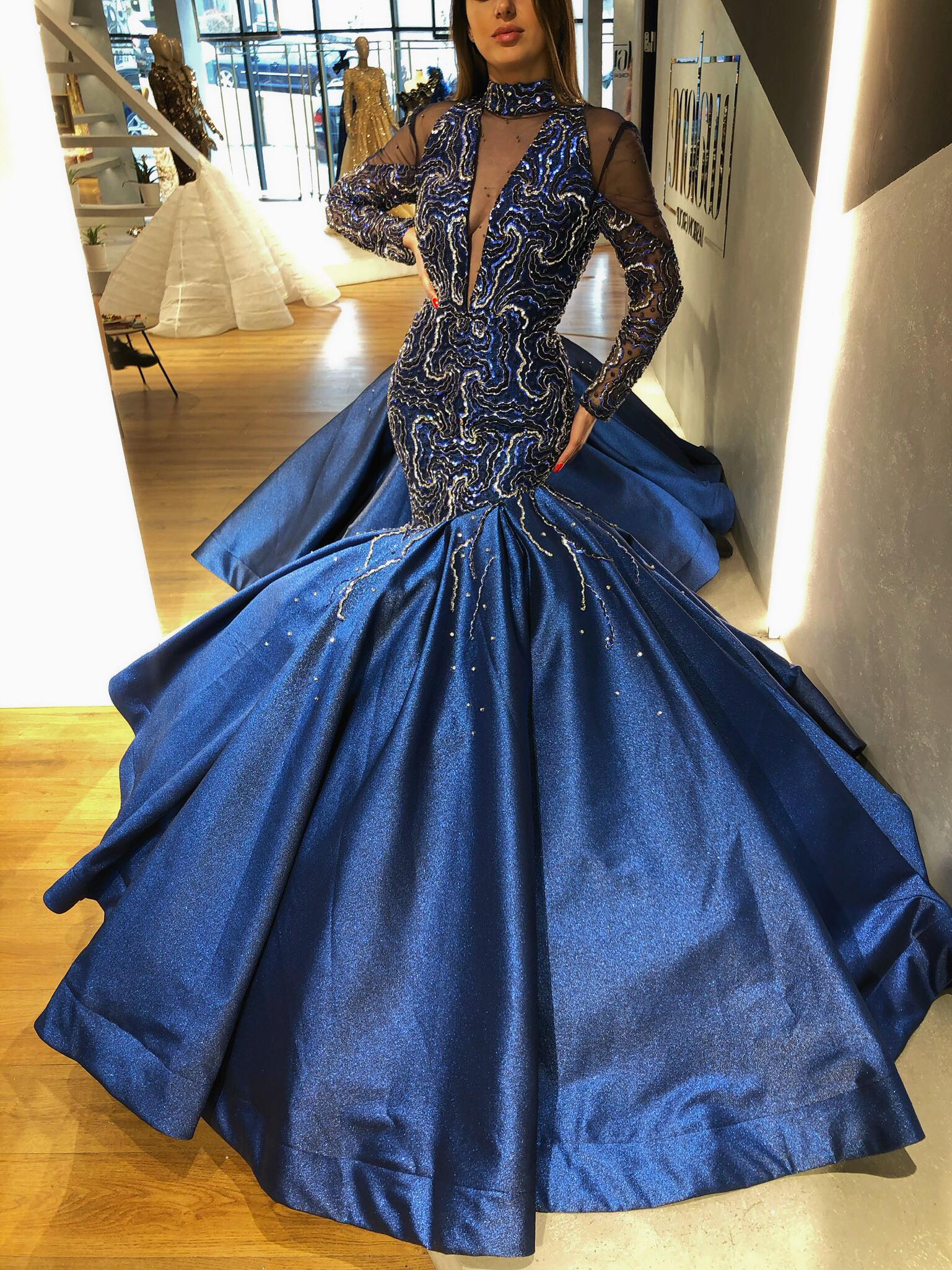 17129 Navy Blue Stone Embroidered Mermaid Dress