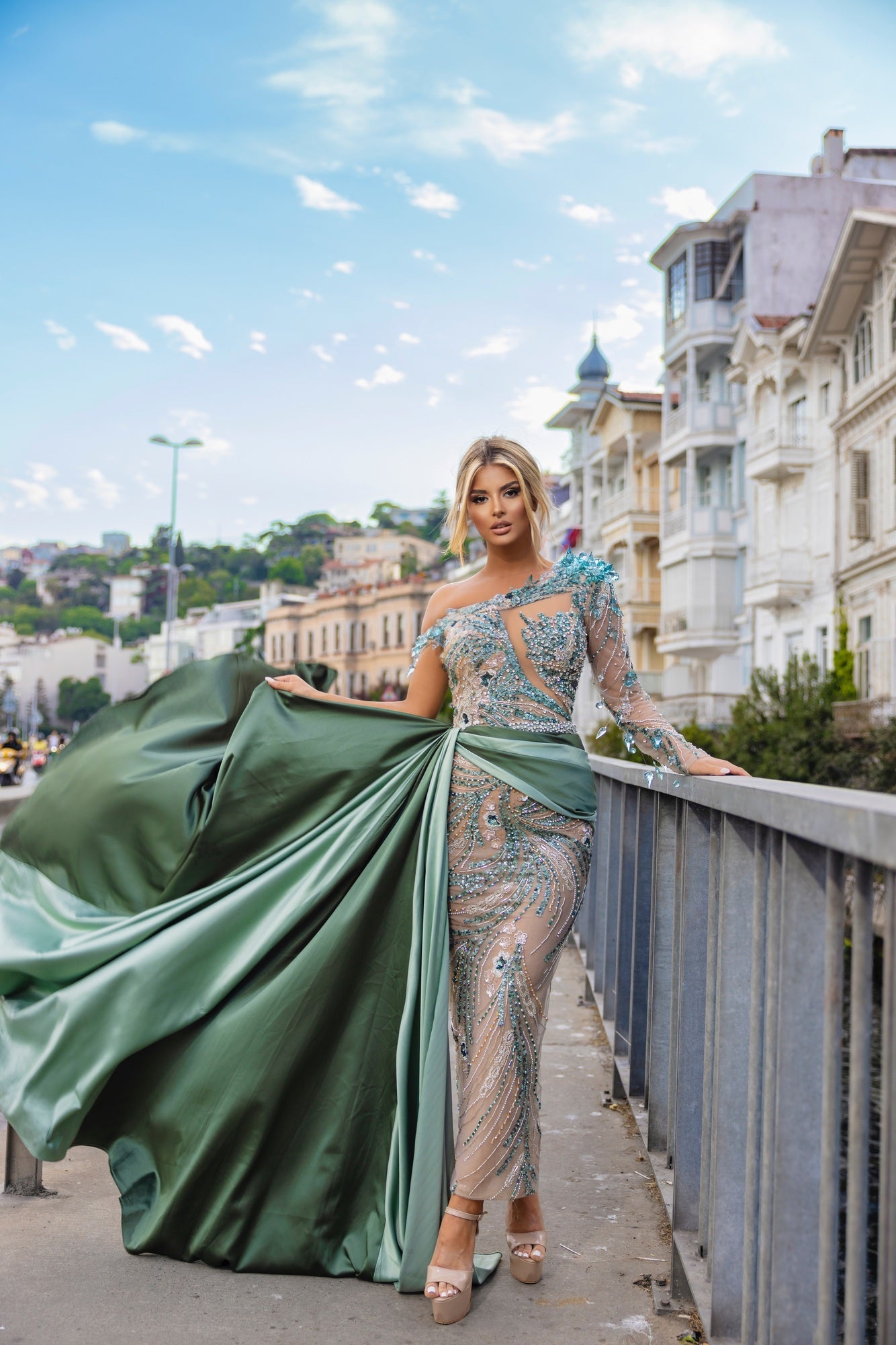 embellished satin dress EMBELLISHED LACE & SATIN FITTED GOWN BY LADIVINE CINDERELLA DIVINE CD868 DUSTY BLUE / 4
