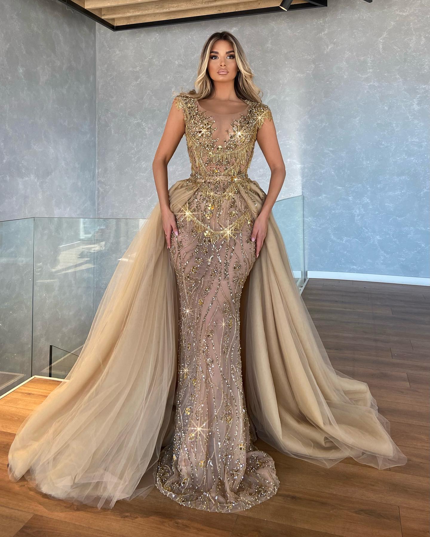 Detachable Train Embroidered Evening Gown – Walone LLC