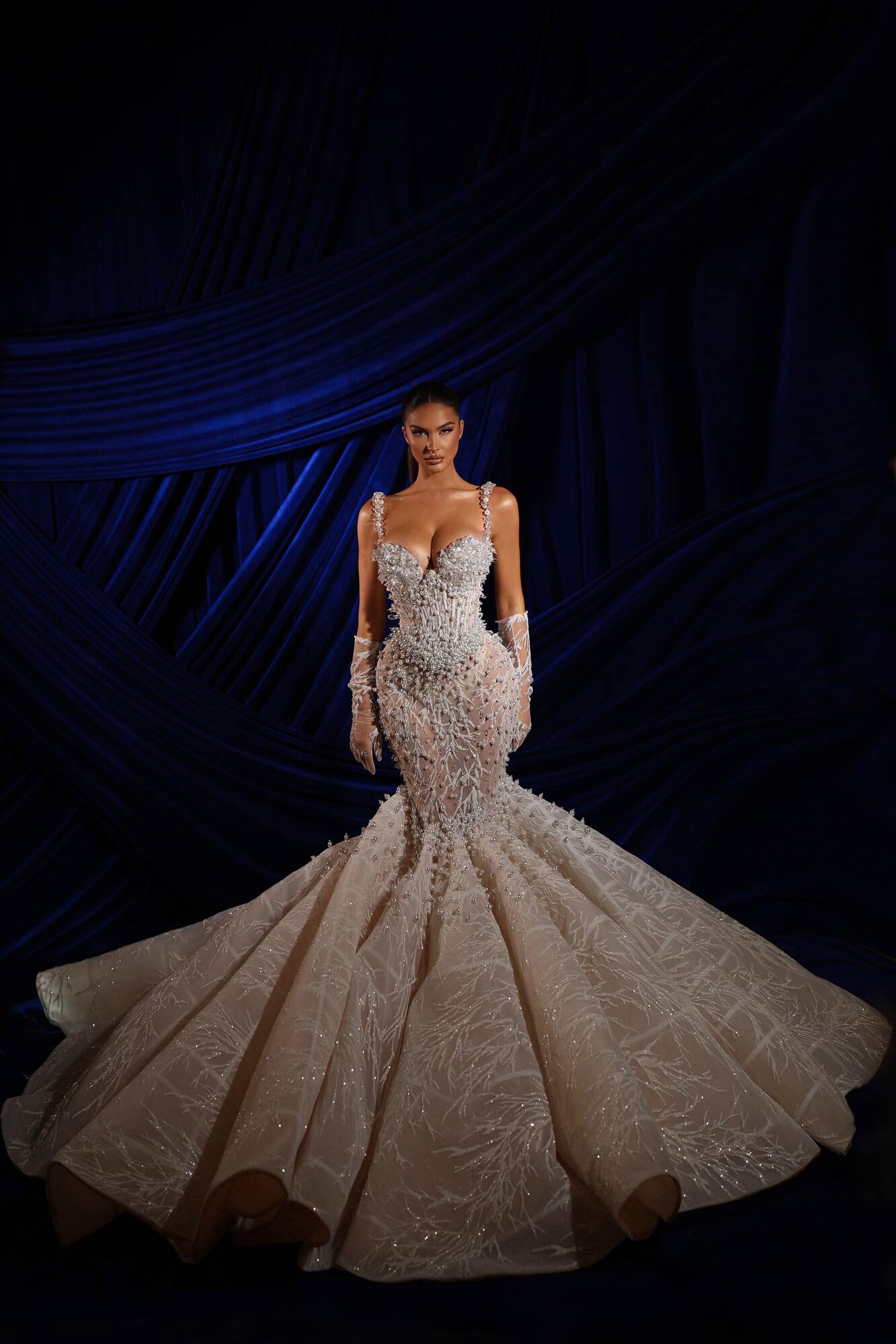 Crystal Straps Pearl Embellished Mermaid Gown with Veil & Gloves XL