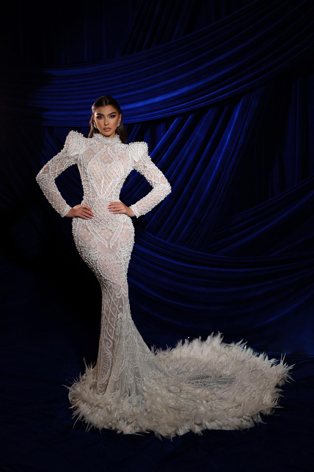High Neck Pearl Embroidered Feathered Dress L