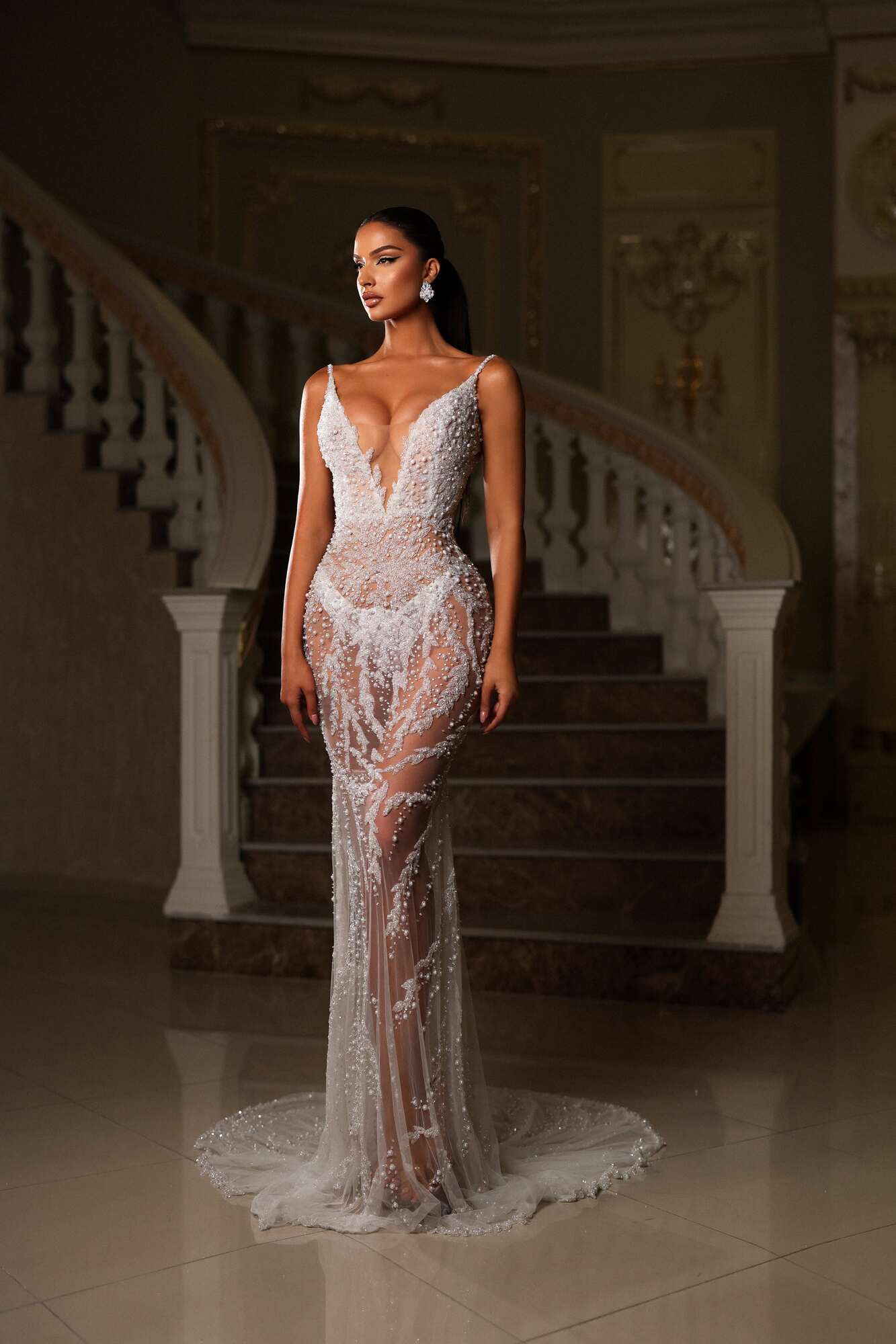 Embellished Lace Dress with Plunge Neckline M Embellished Lace Dress with Plunge Neckline M