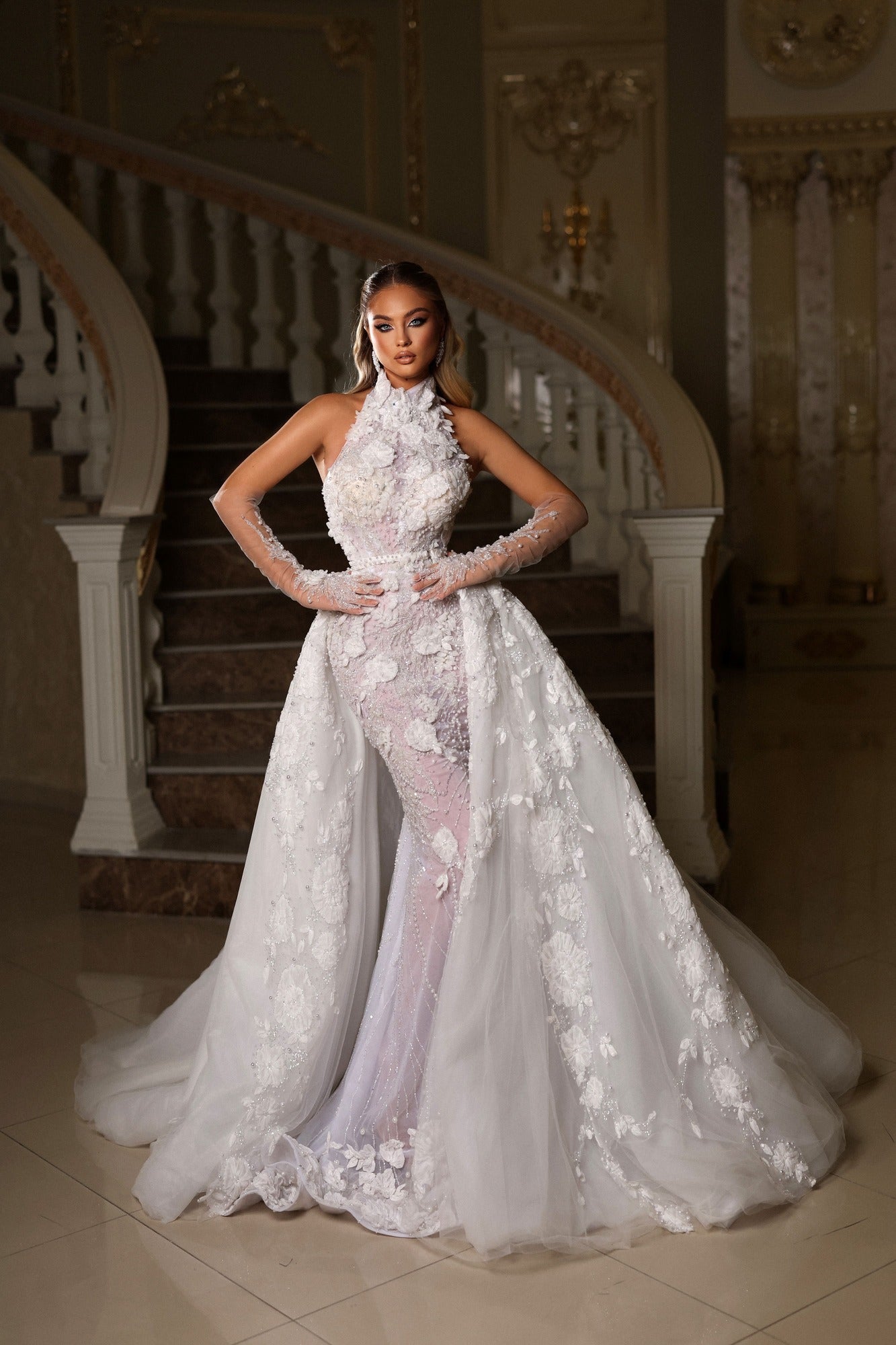 Halter Bridal Gown with Detachable Overskirt Veil – Walone LLC