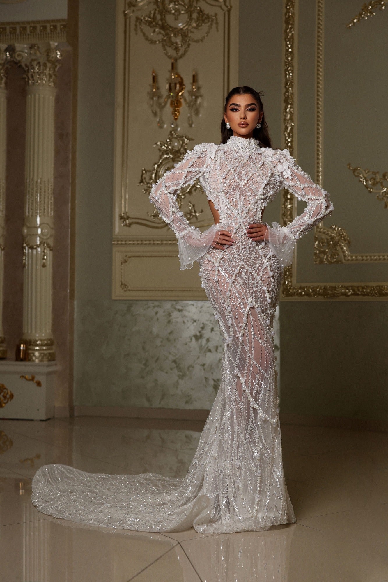 High Neck Pearl Embellished Gown with Open Back XL High Neck Pearl Embellished Gown with Open Back XL