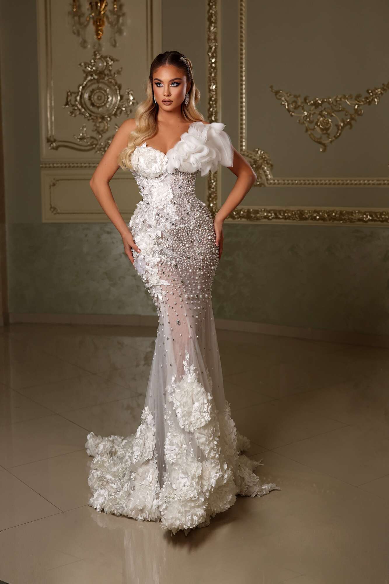 One Shoulder Tulle Detail Pearl Embroidered Dress XS One Shoulder Tulle Detail Pearl Embroidered Dress XS