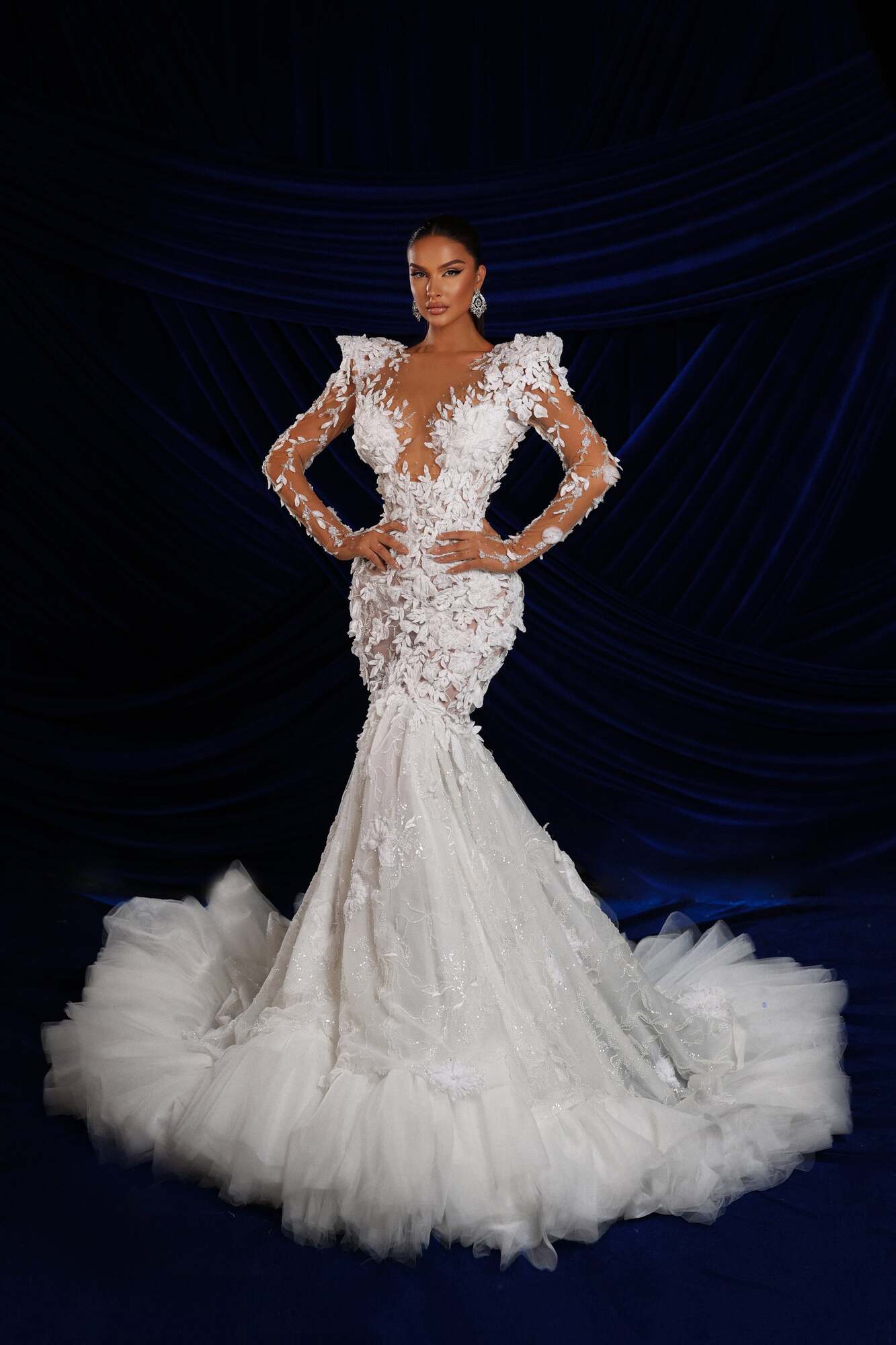 Mermaid Tulle Floral Bridal Gown with Veil Xs