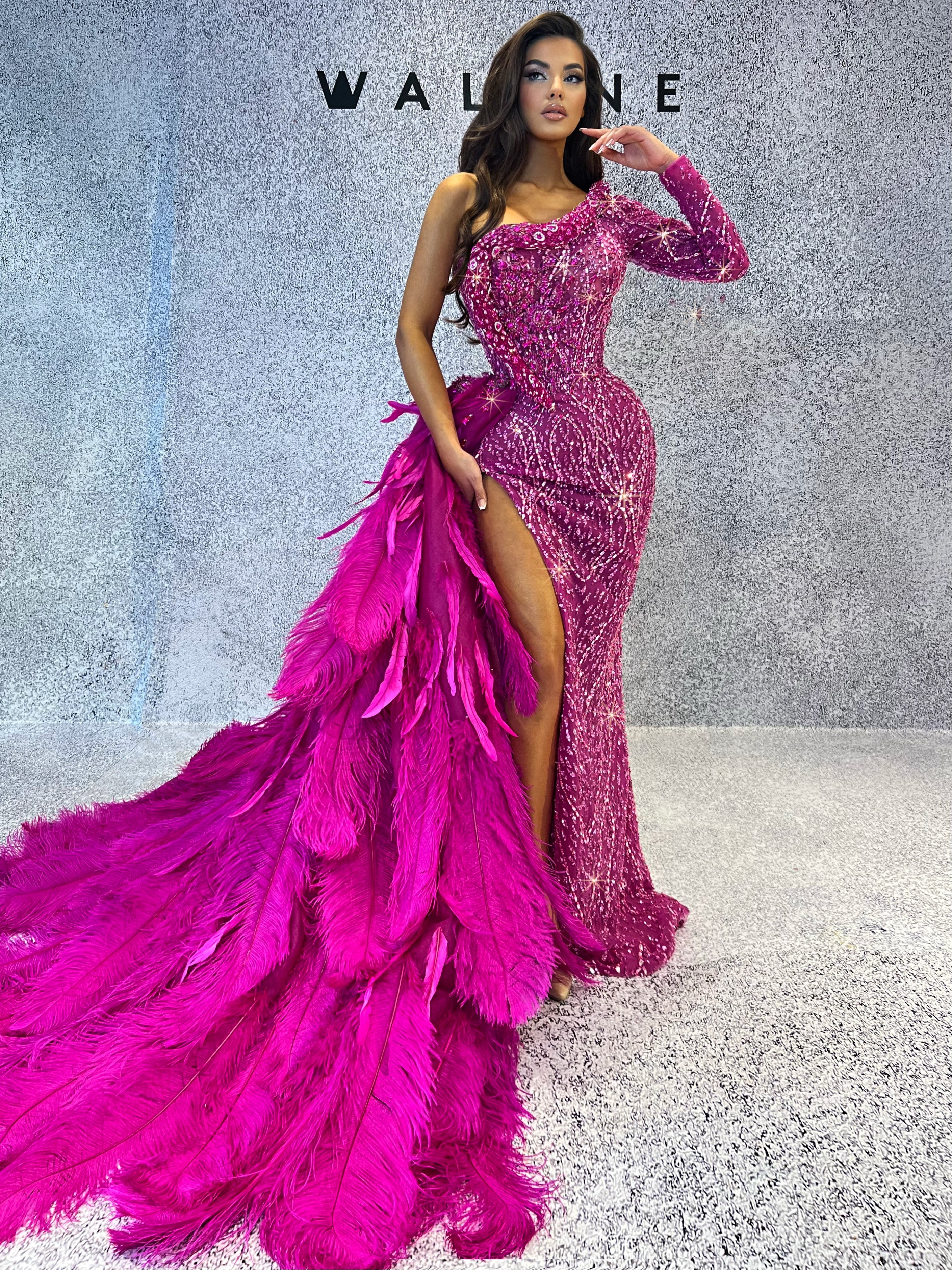 pink feather dress One Shoulder Hot Gown with Feathered Tail Ava Presley 26386 Leopard including the feathered tail aintap Size:XXL/46