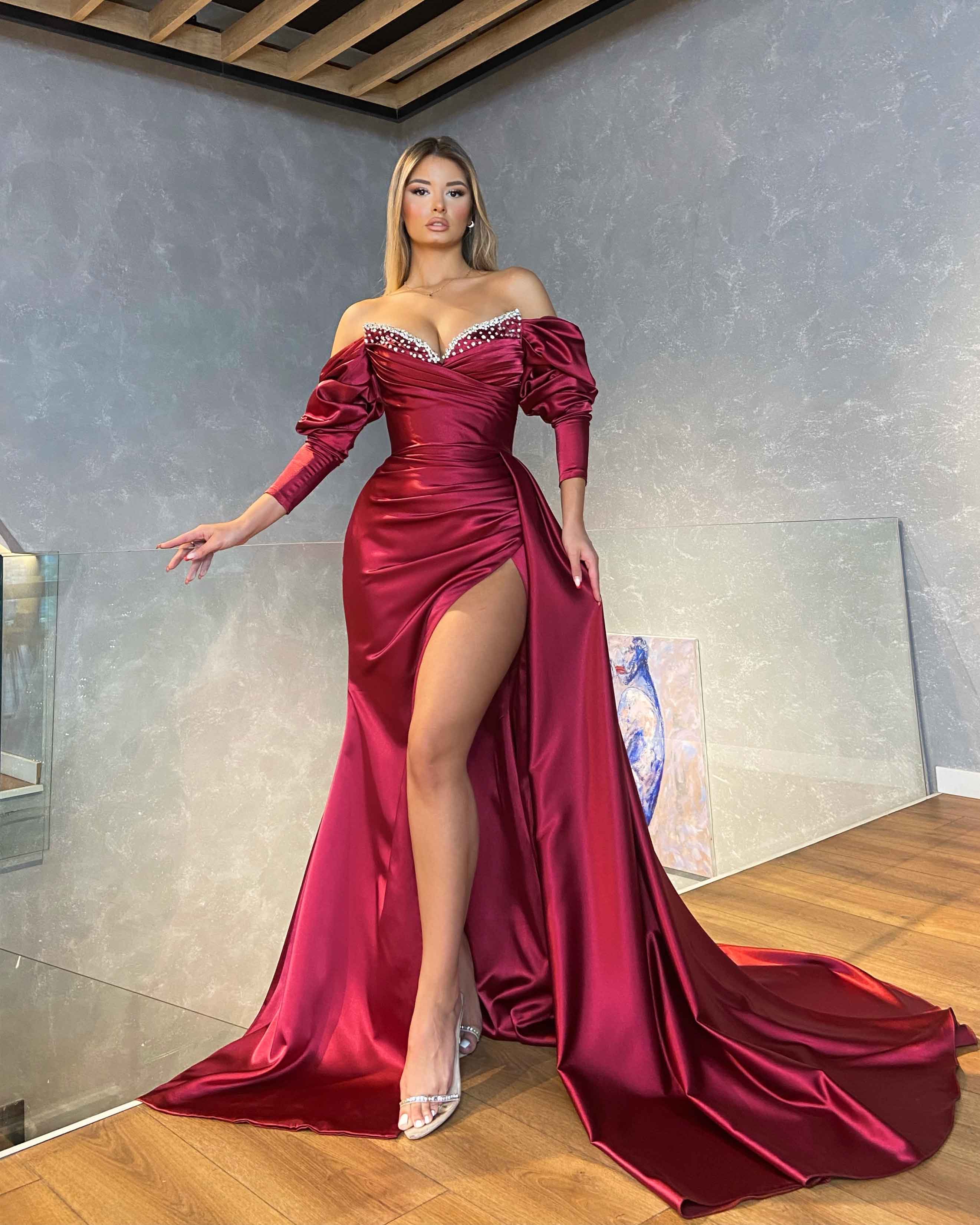 red side split dress sexy red maxi dress Sexy Red Mermaid Side Slit Maxi Long Party Satin Prom Dresses fg5096