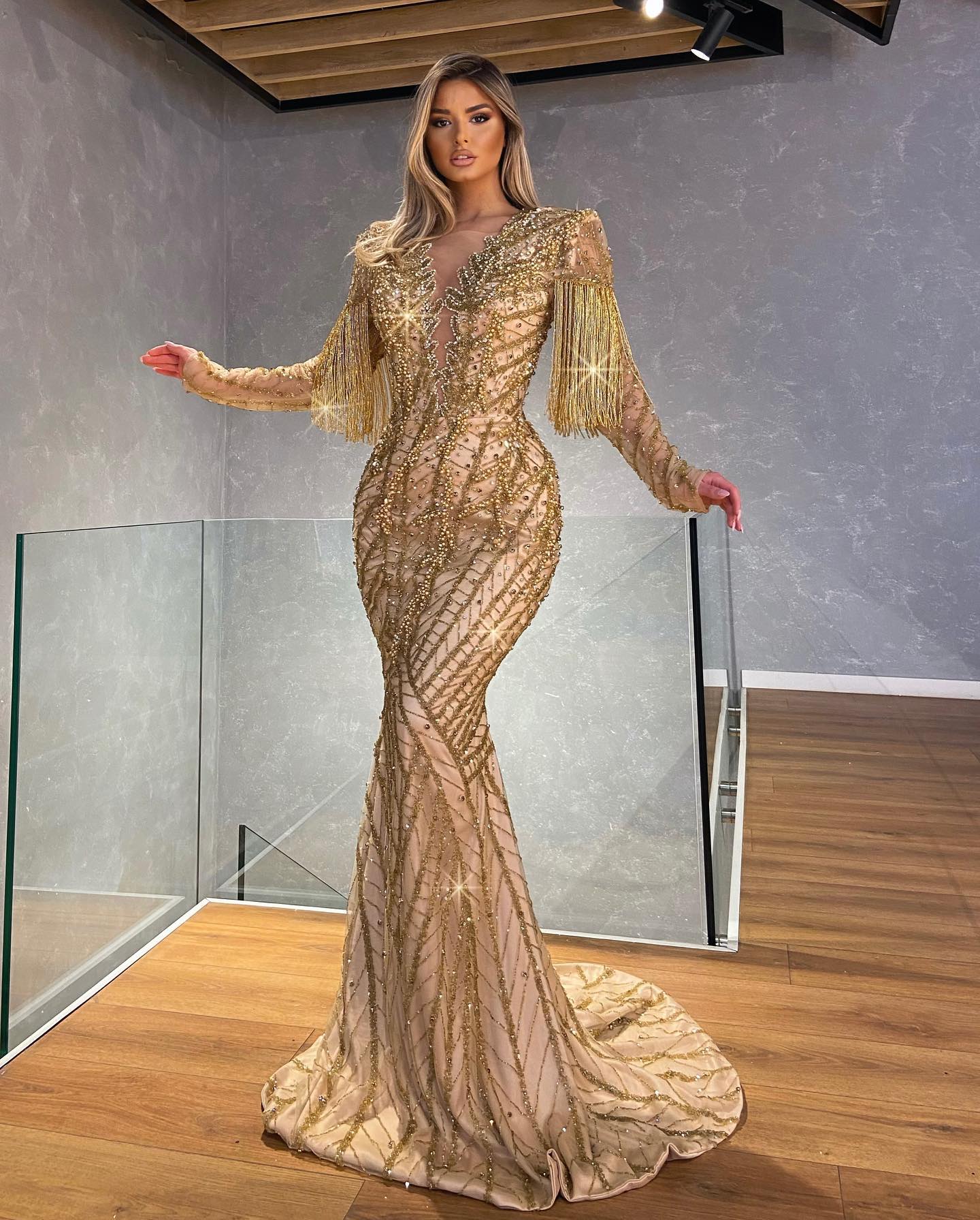 Long Evening Gold Embroidered Dress Walone Fashion Group LLC