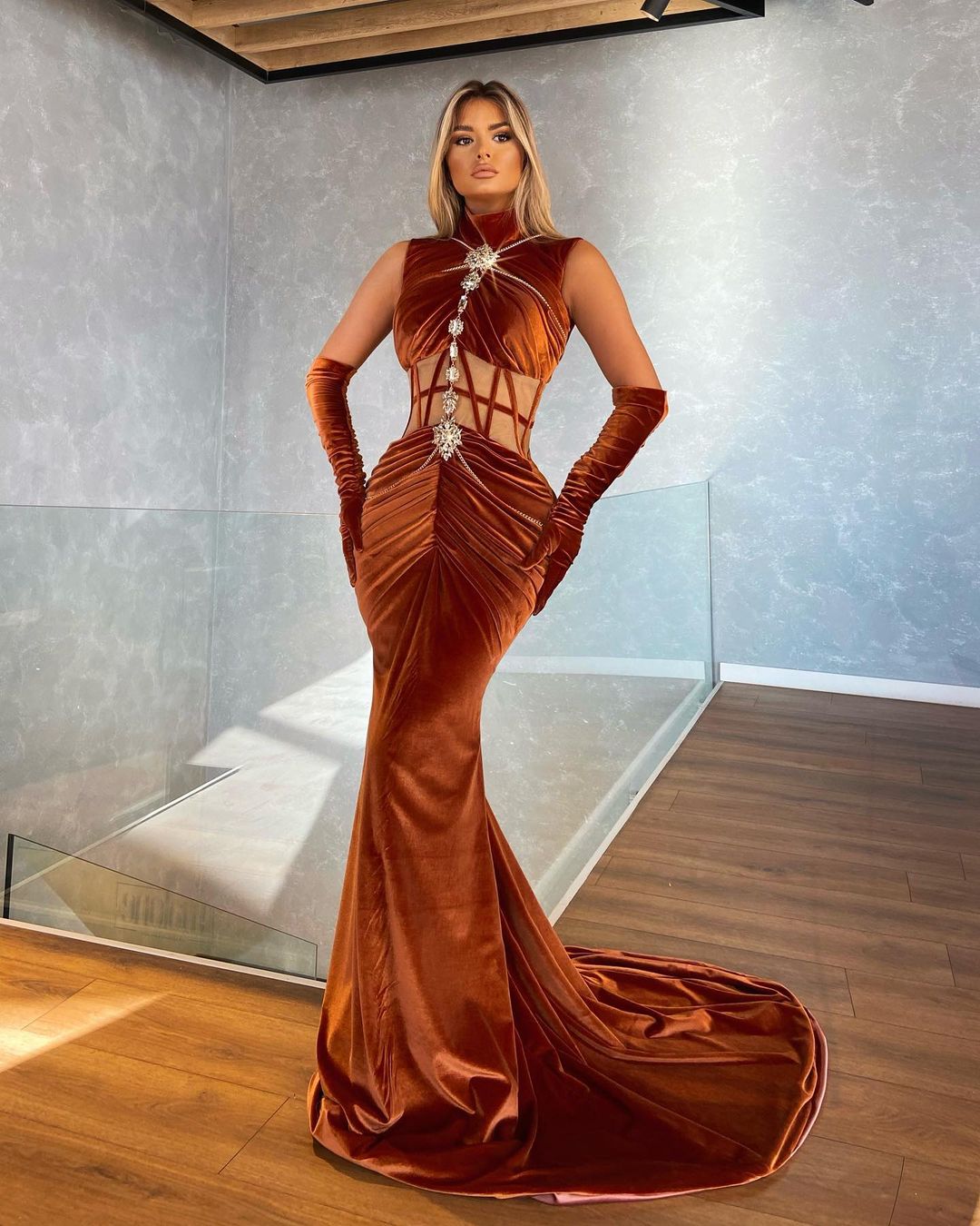 Long Rose Wood High Neck Dress – Walone LLC