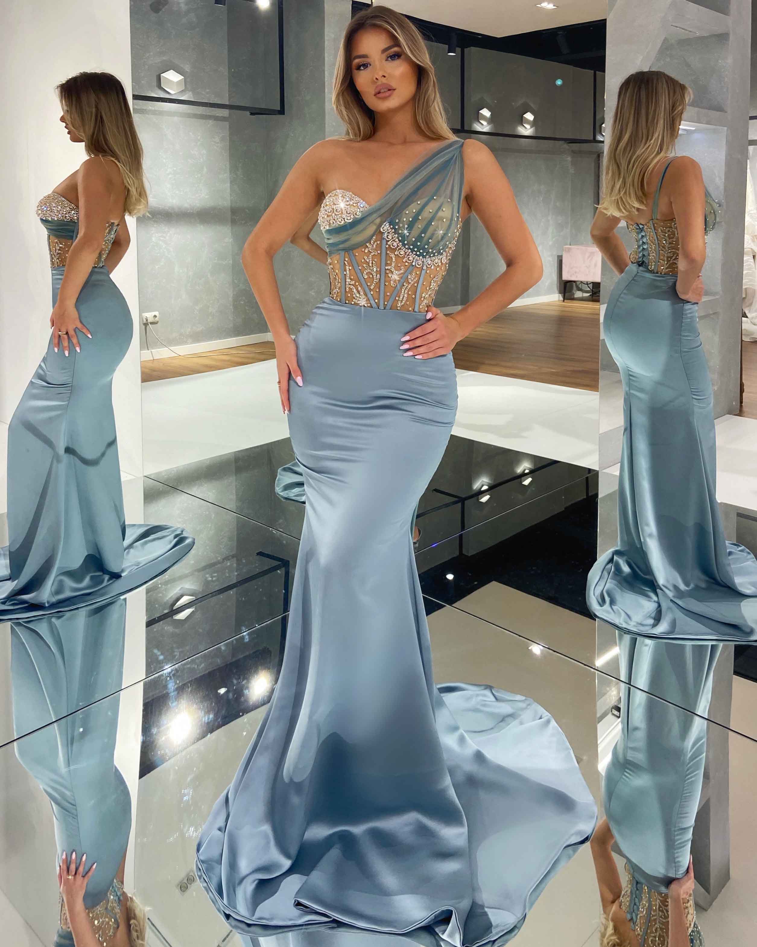 One Shoulder Bluish Grey Dress XL