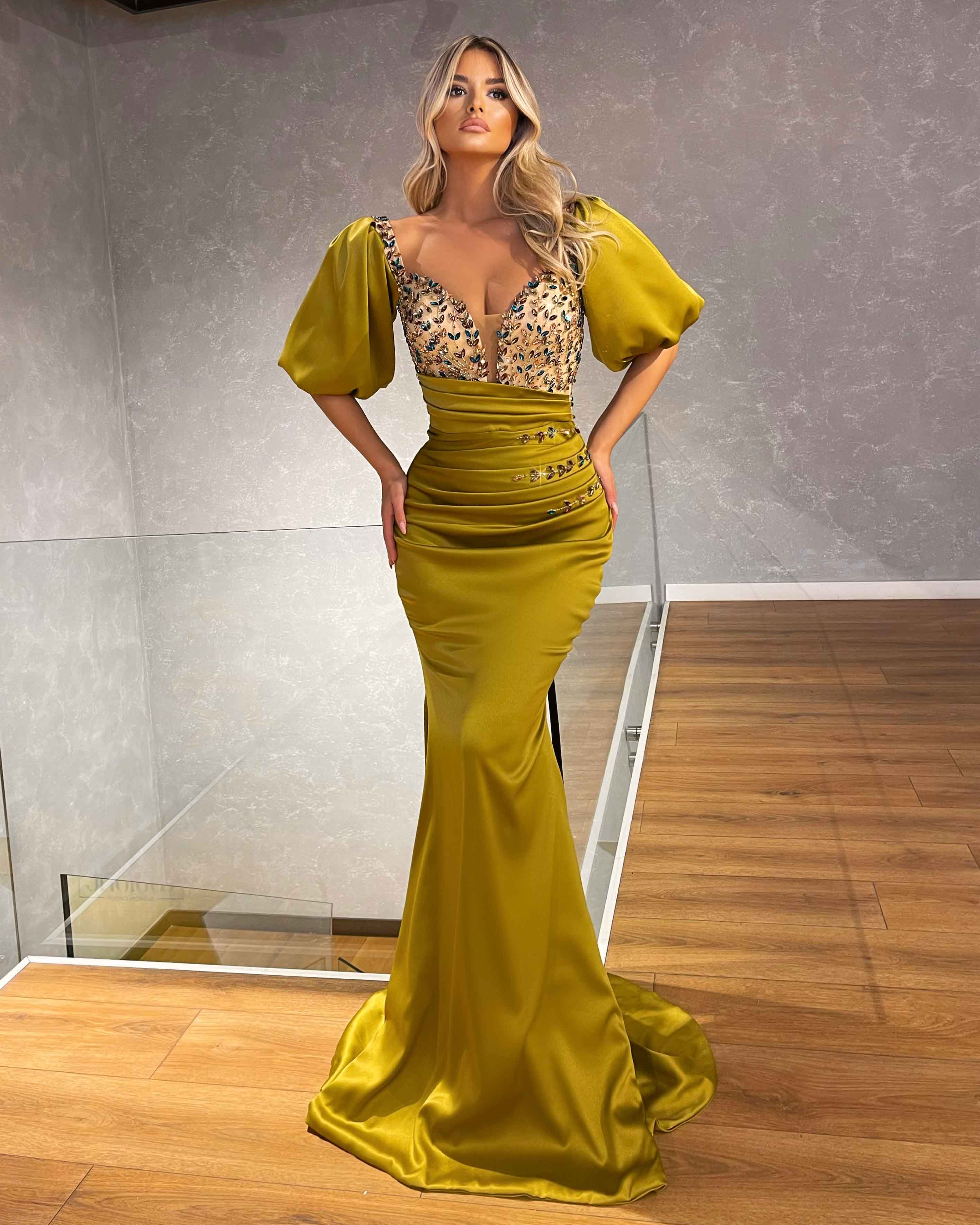 Short Sleeve Mustard Evening Dress M Short Sleeve Mustard Evening Dress M