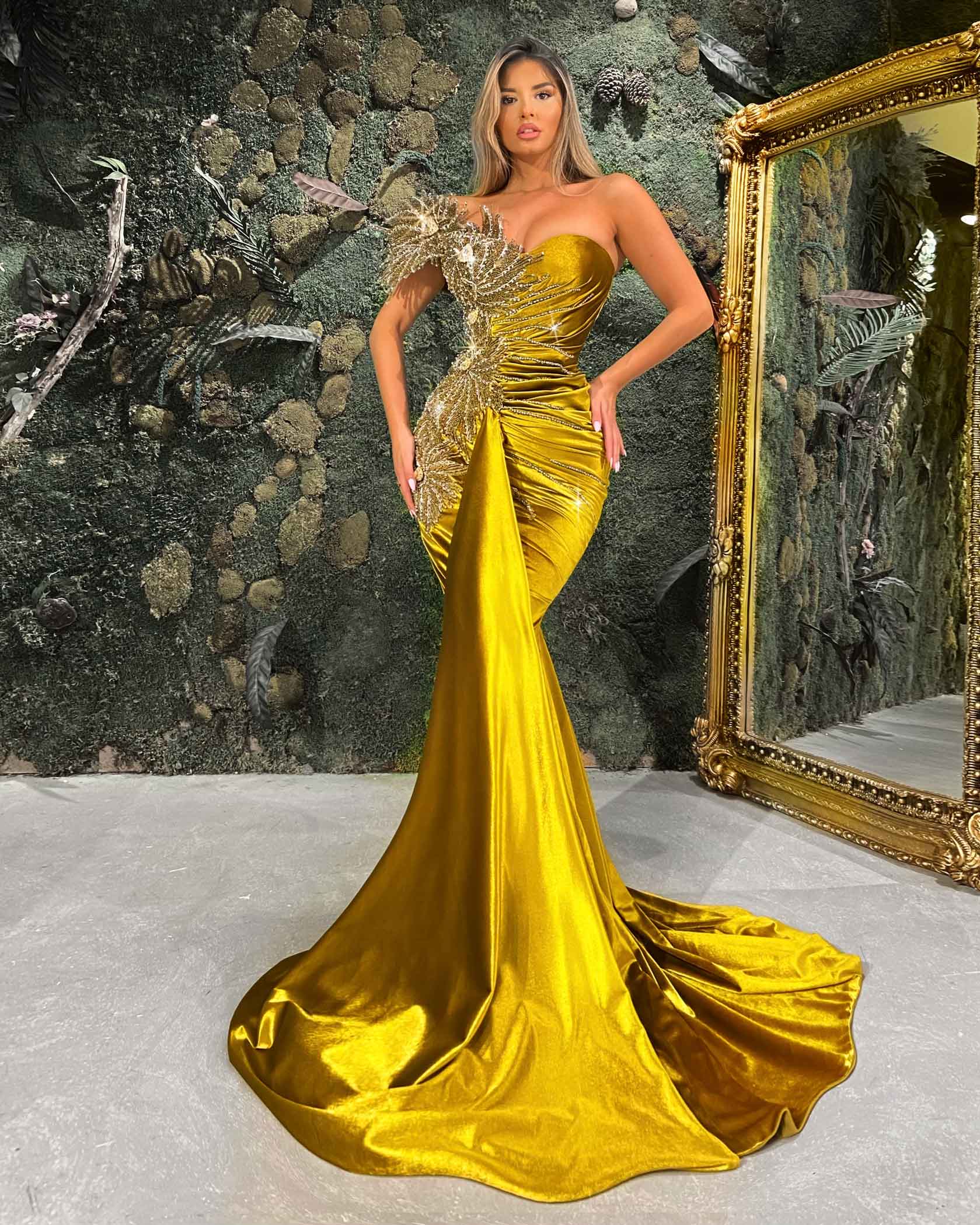 Strapless Orange Gold Velvet Dress L