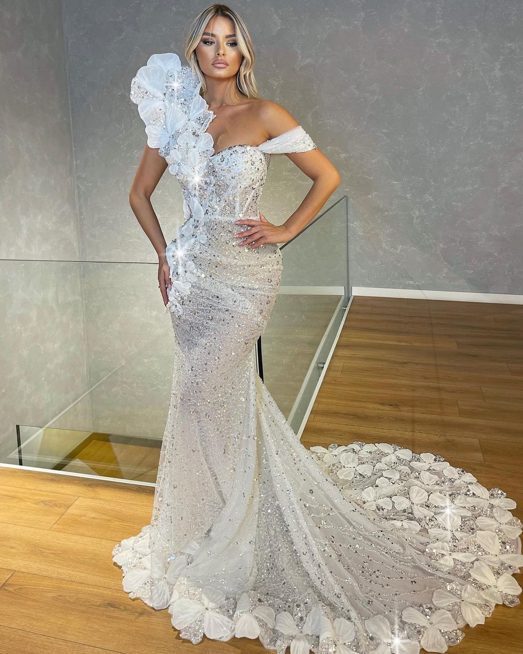 White embroidered long strapless wedding dress main image 0