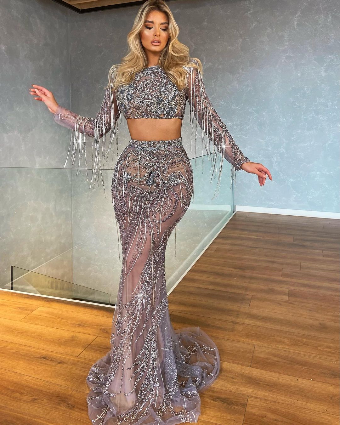 Two-Piece Silver Embellished Fringe Set L