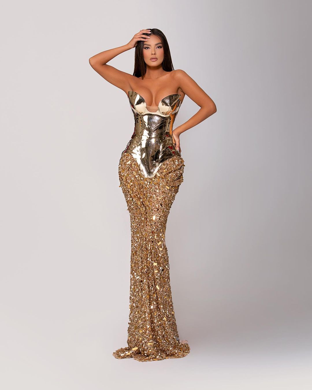 Strapless Embellished Dress with Metallic Gold Corset Strapless Embellished Dress with Metallic Gold Corset