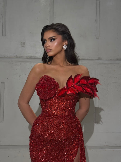 off the shoulder red dress long sleeve Long Off Shoulder Red Dress with Slit and 3D Flowers – Walone LLC