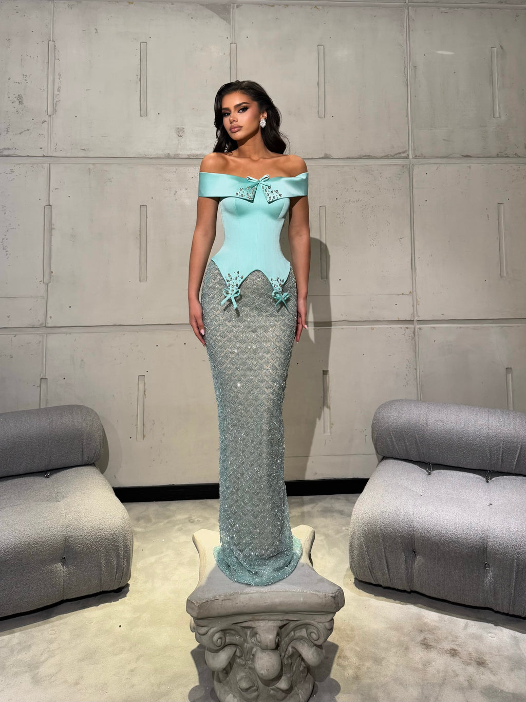 Long Dress Off Shoulder Corset with Crystal Bows