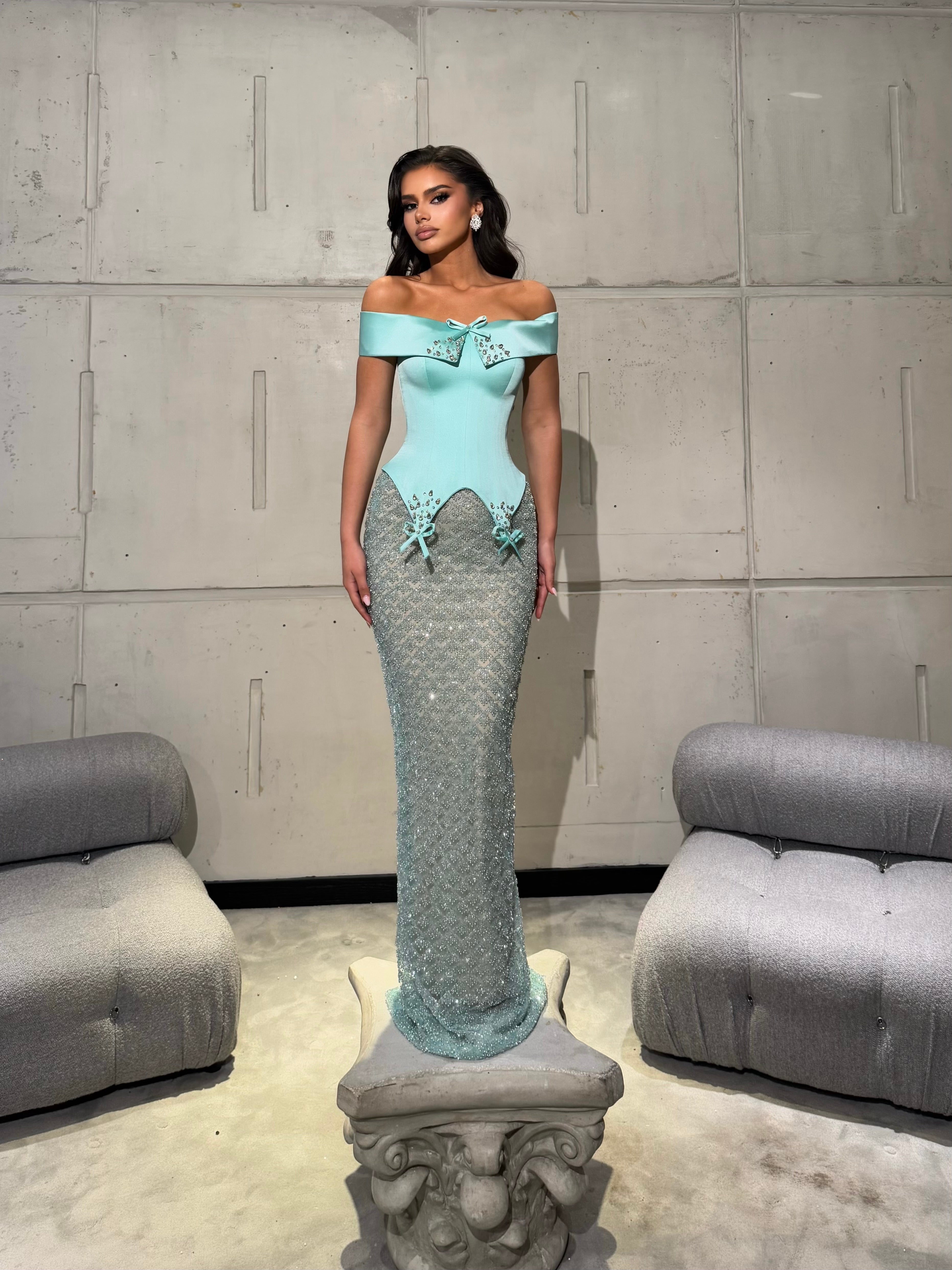 Long Dress Off Shoulder Corset with Crystal Bows