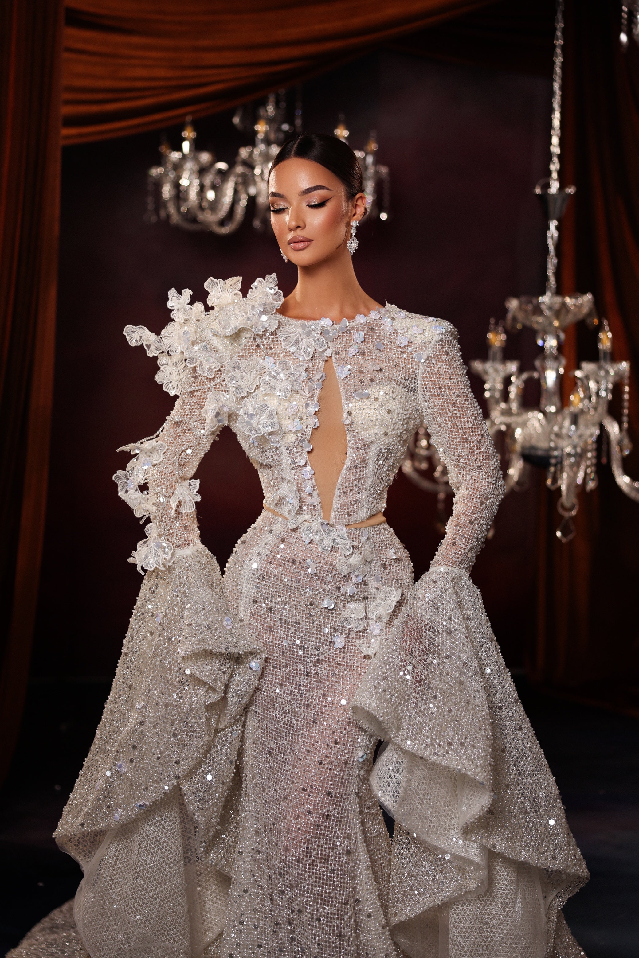 Sequin Mermaid Gown with Bell Sleeves & Train