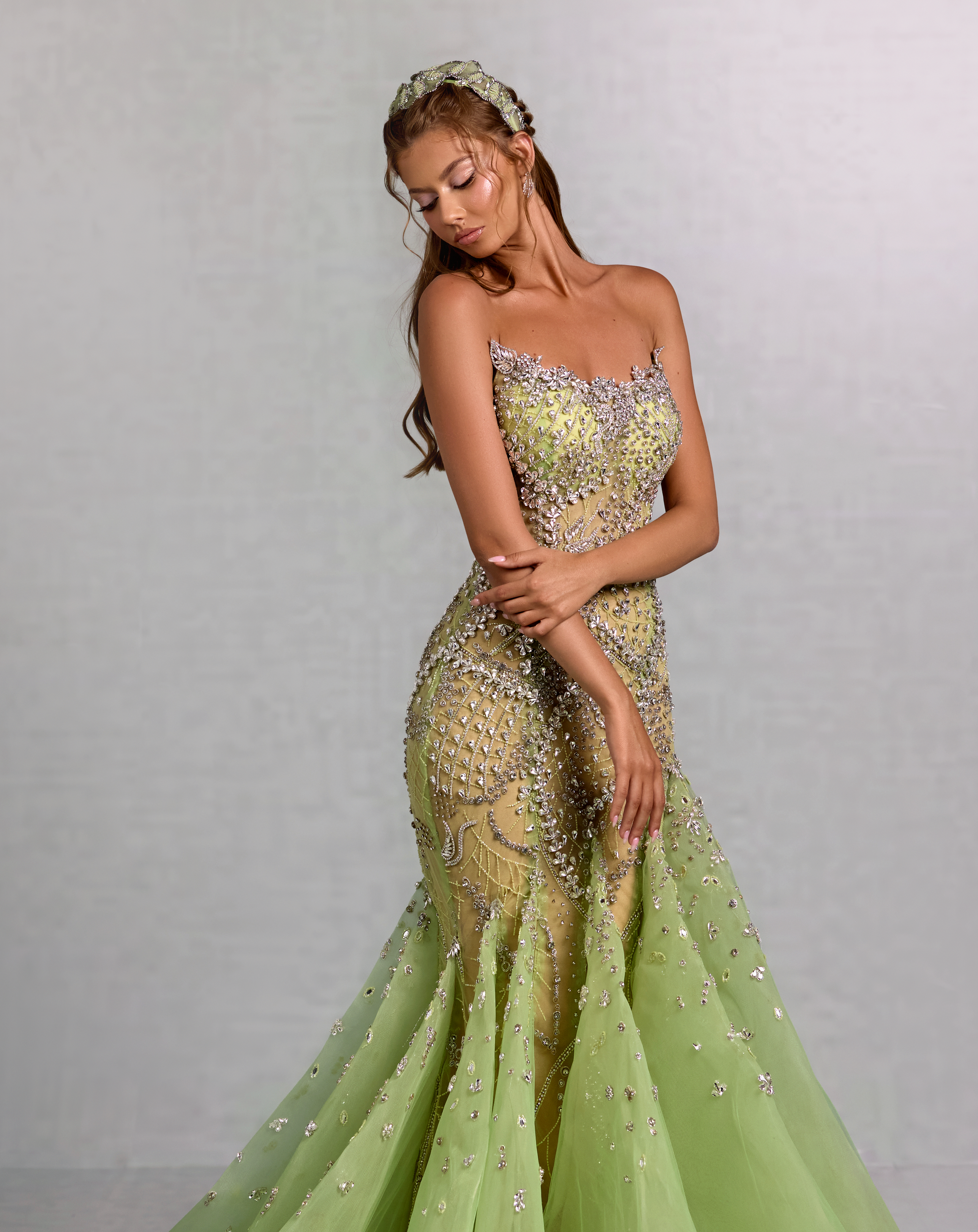 Strapless Green Gown with Beaded Embroidery