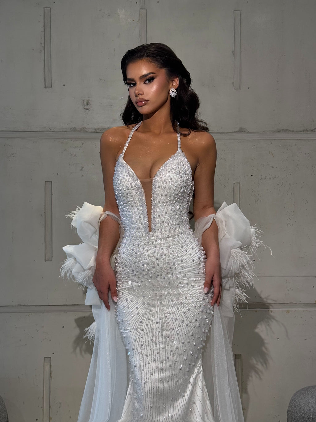 Long Bridal Dress with Pearl Beading and Feather Tulle Cape