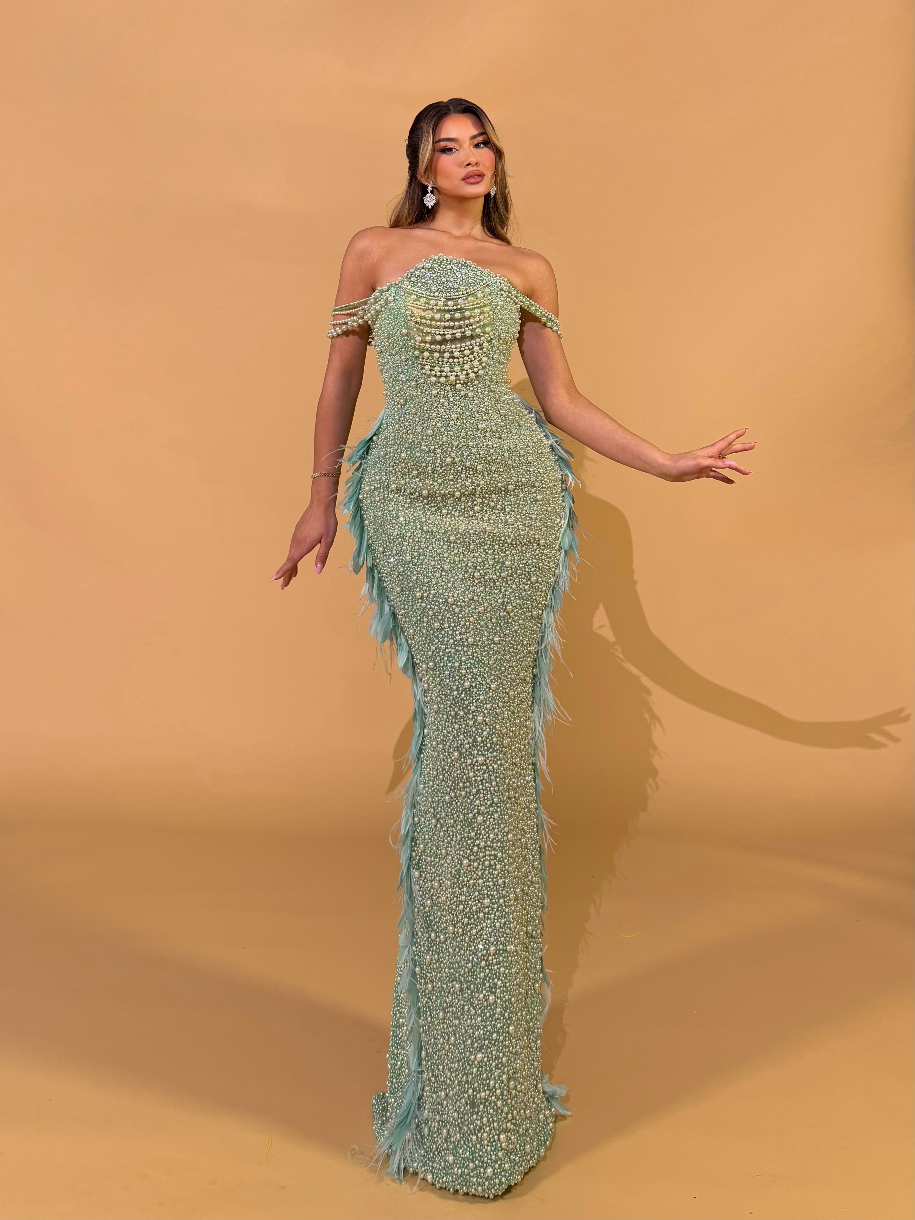 Off Shoulder Pearl Embellished Feather Gown