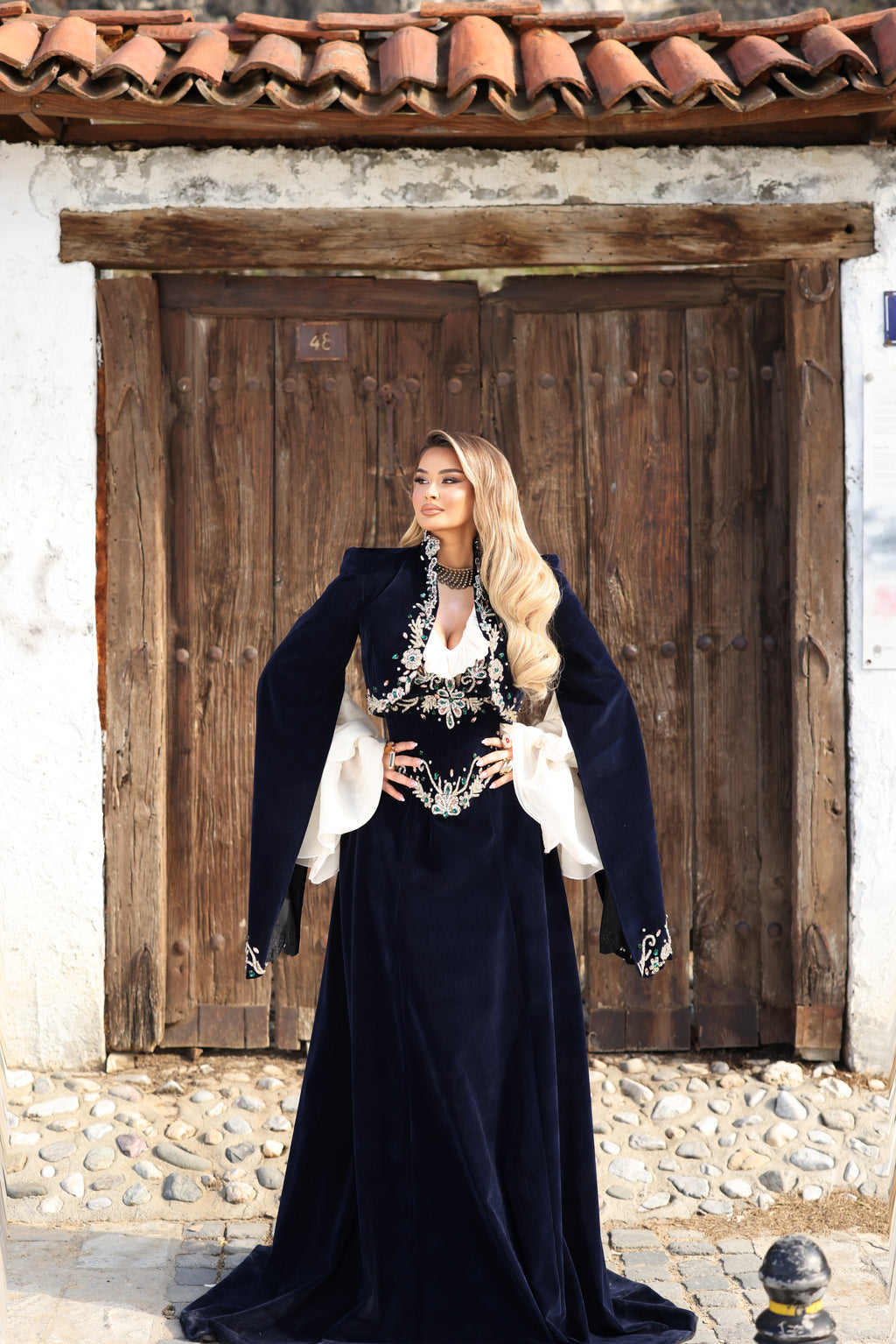 Donika - Velvet Gown with Crystal Waist Embroidery