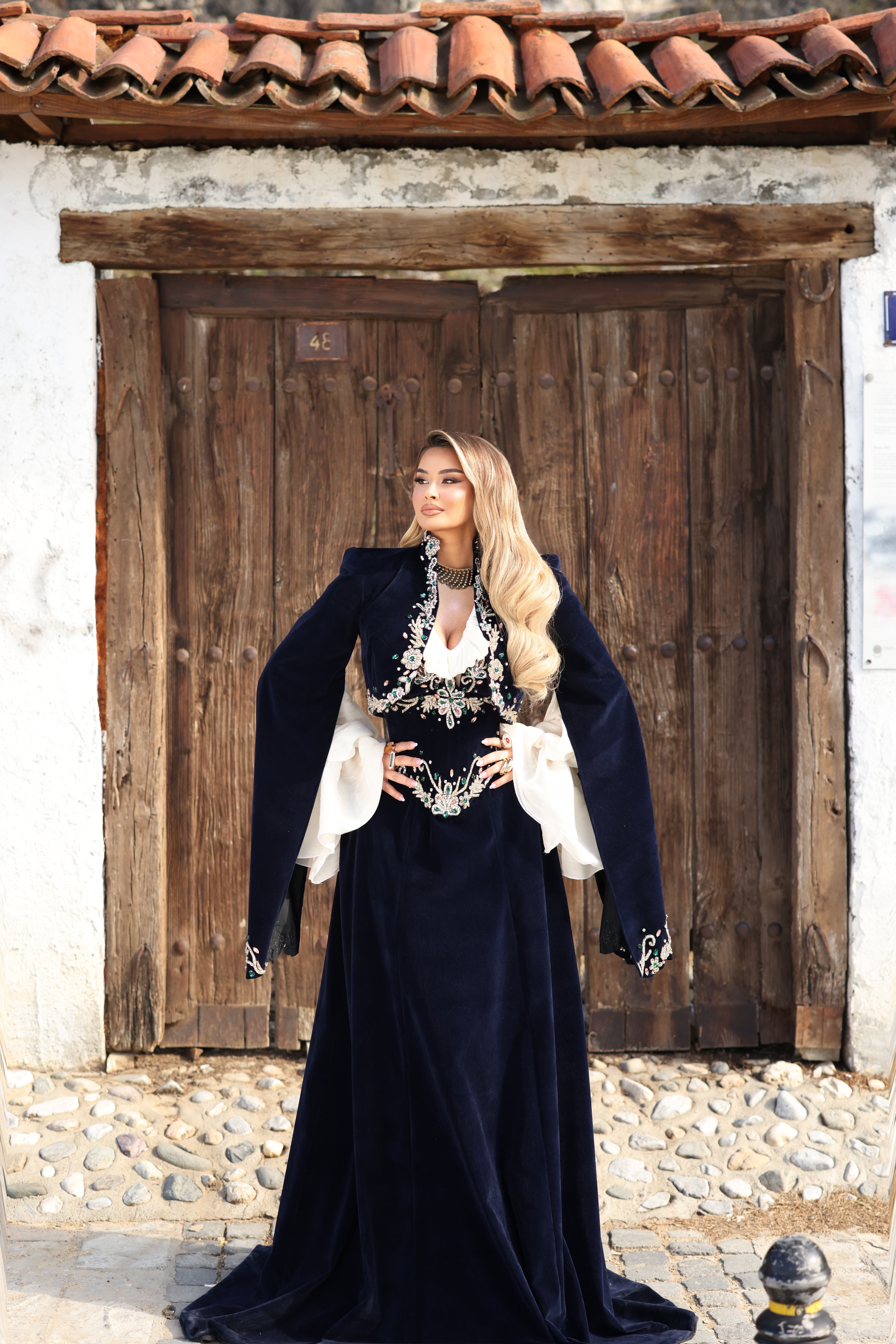 Donika - Velvet Gown with Crystal Waist Embroidery