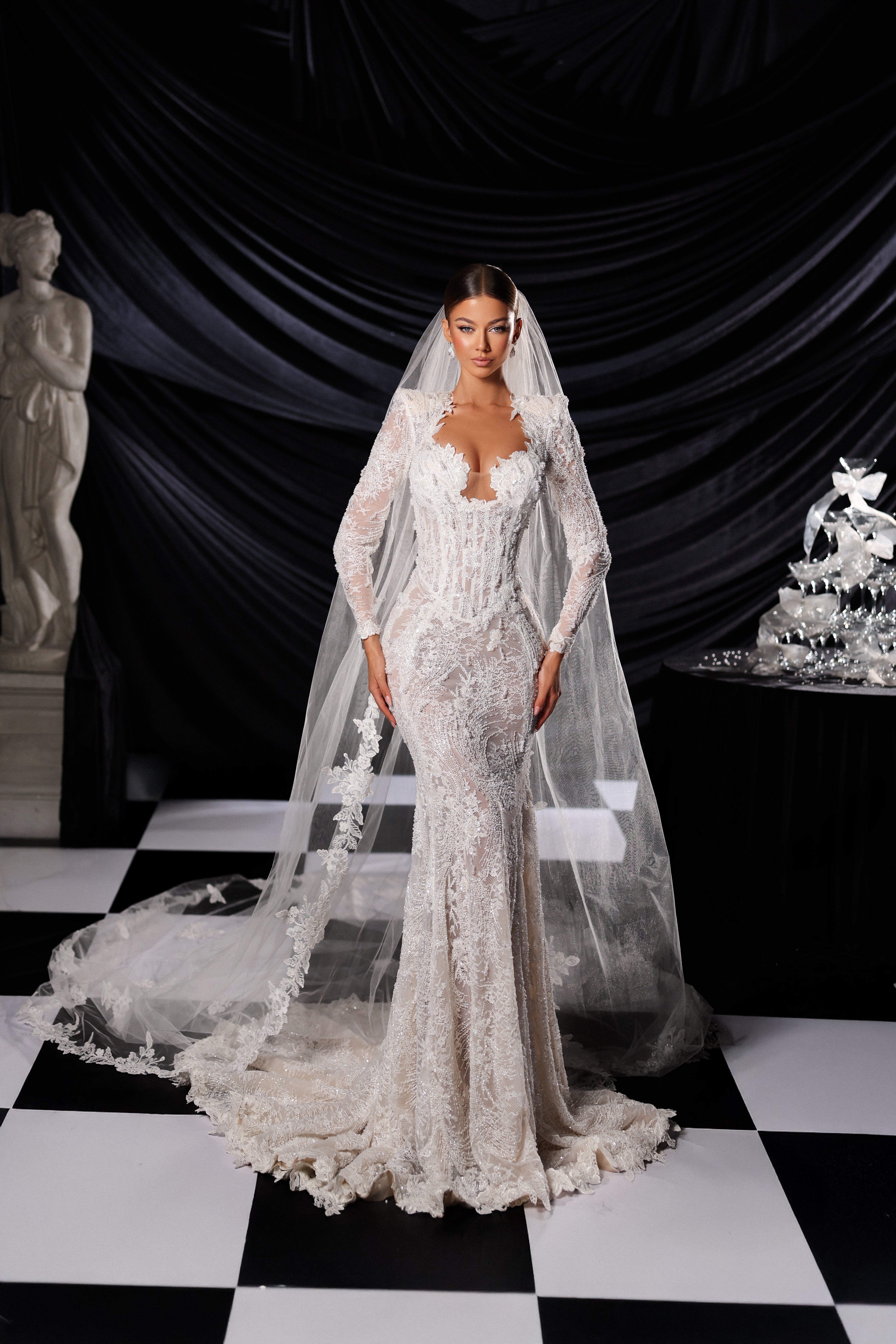 Embroidered Long Sleeve Mermaid Wedding Dress