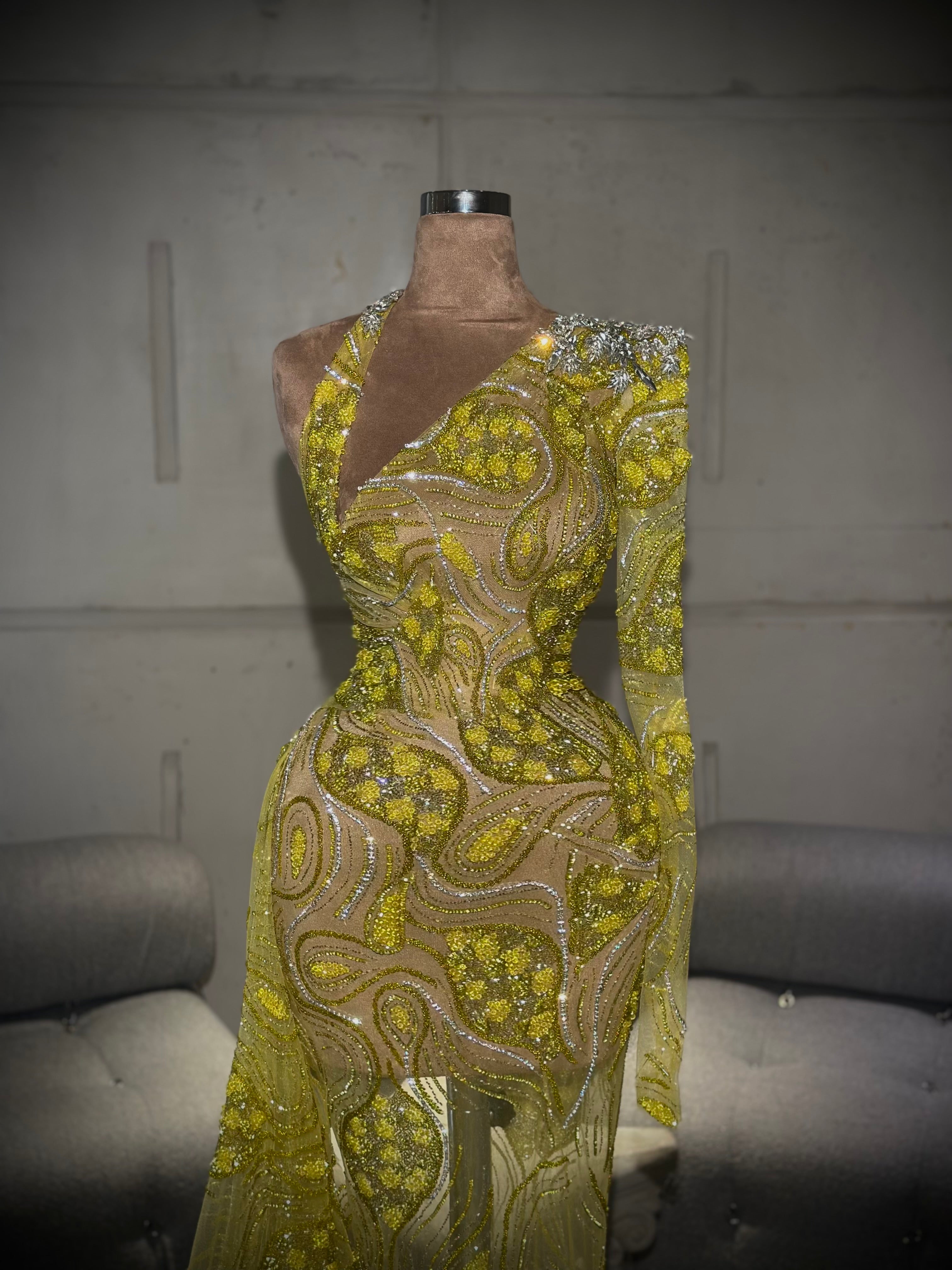 Maya - One Sleeve Yellow Embellished Gown