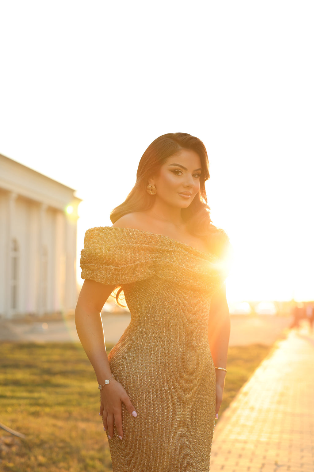 Erla - Draped Off Shoulder Crystal Gown