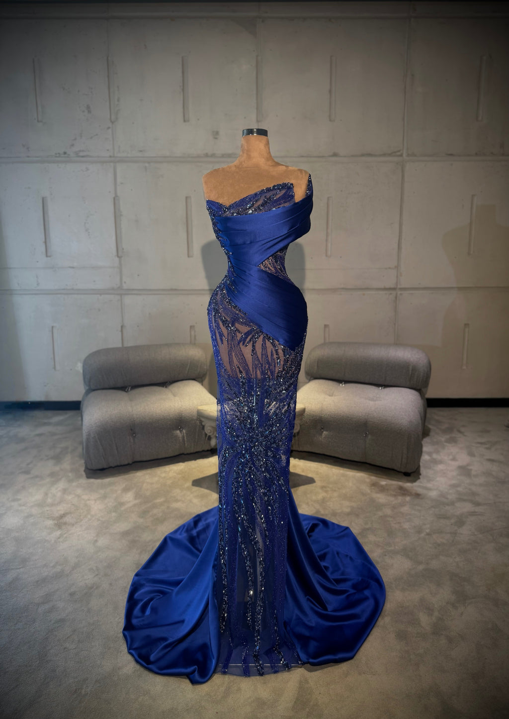 Dahlia - One Shoulder Beaded Satin Gown with Train