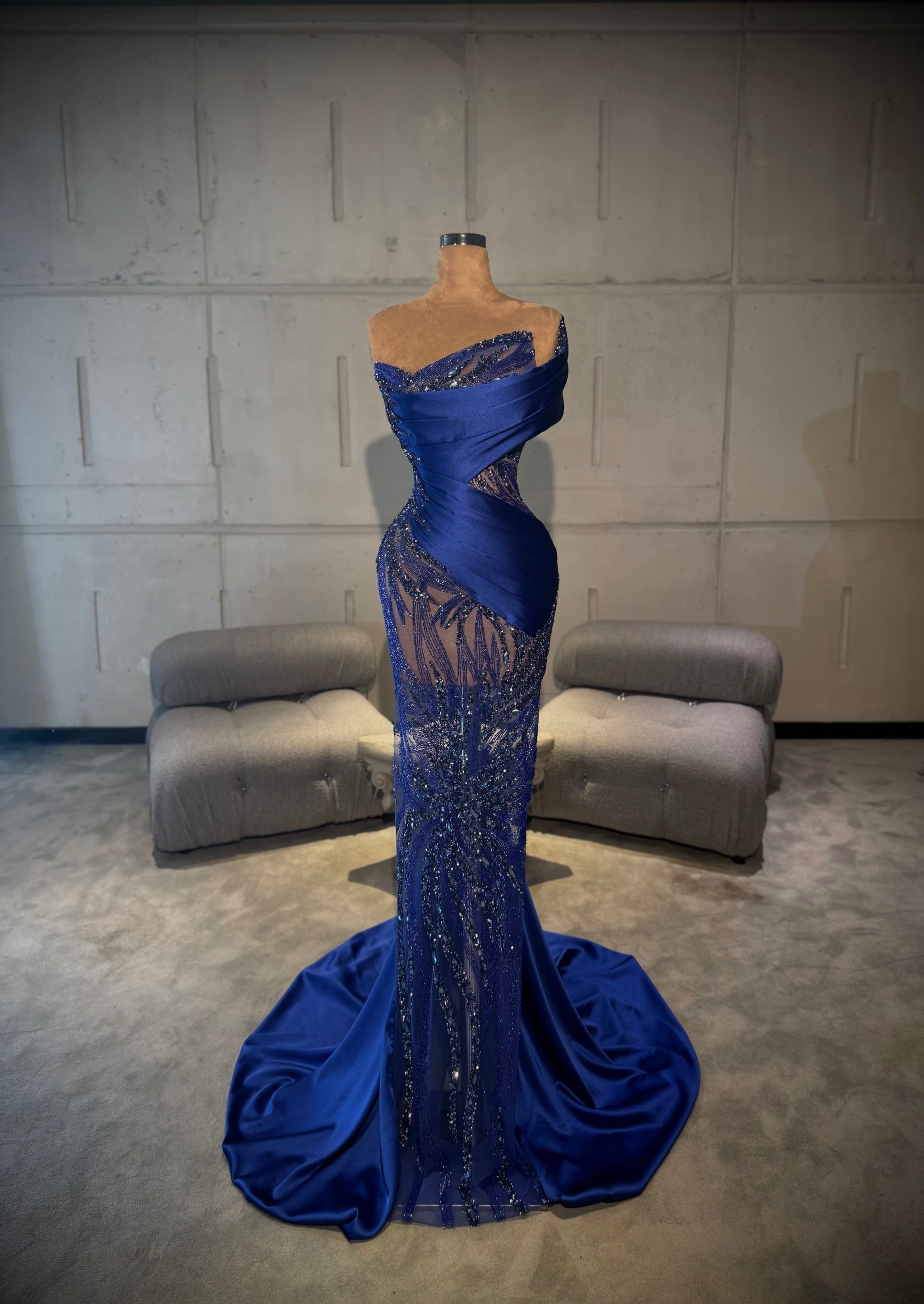 Dahlia - One Shoulder Beaded Satin Gown with Train