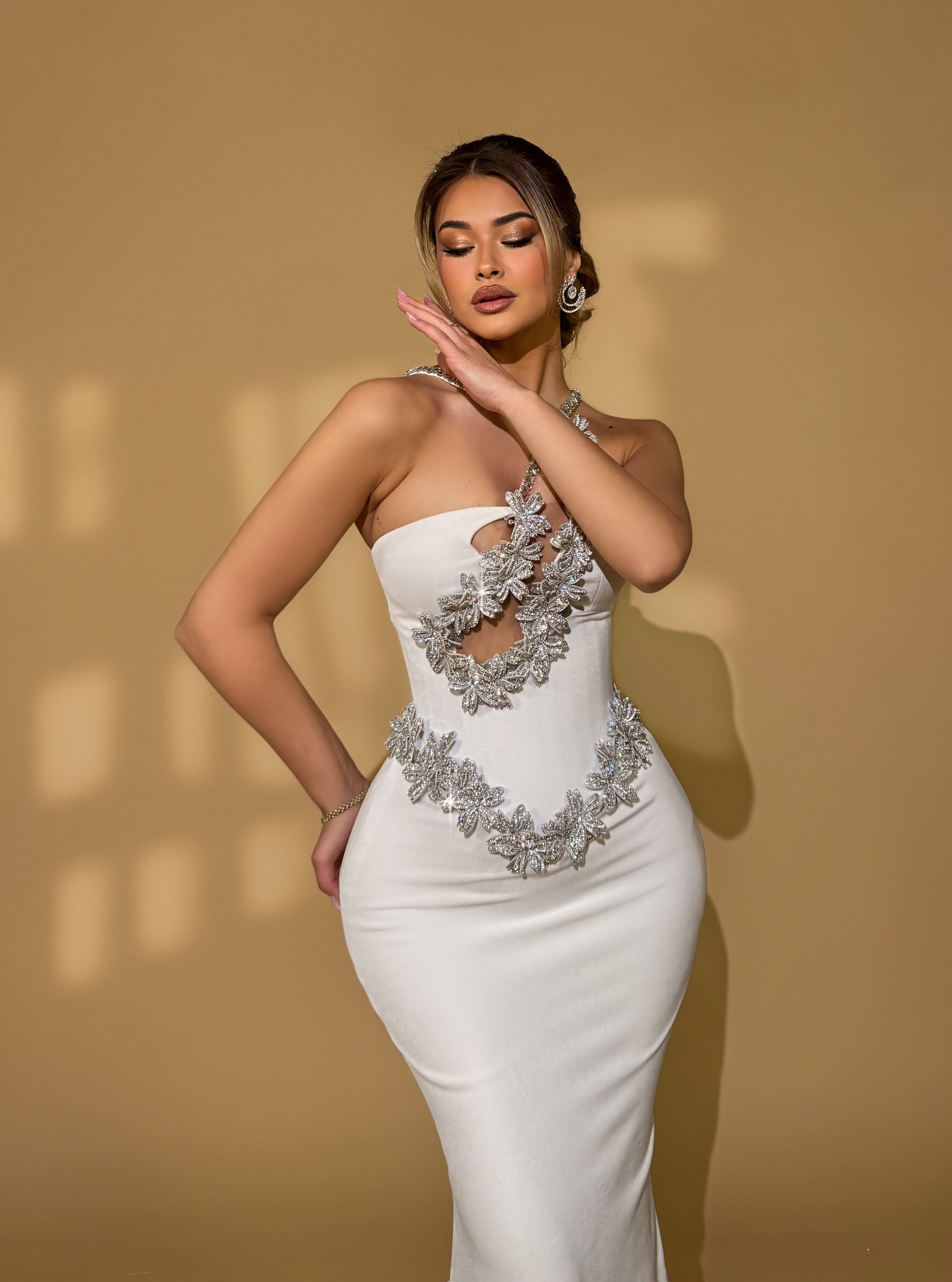 White Gown with Silver Embellishments & Cutout Detail