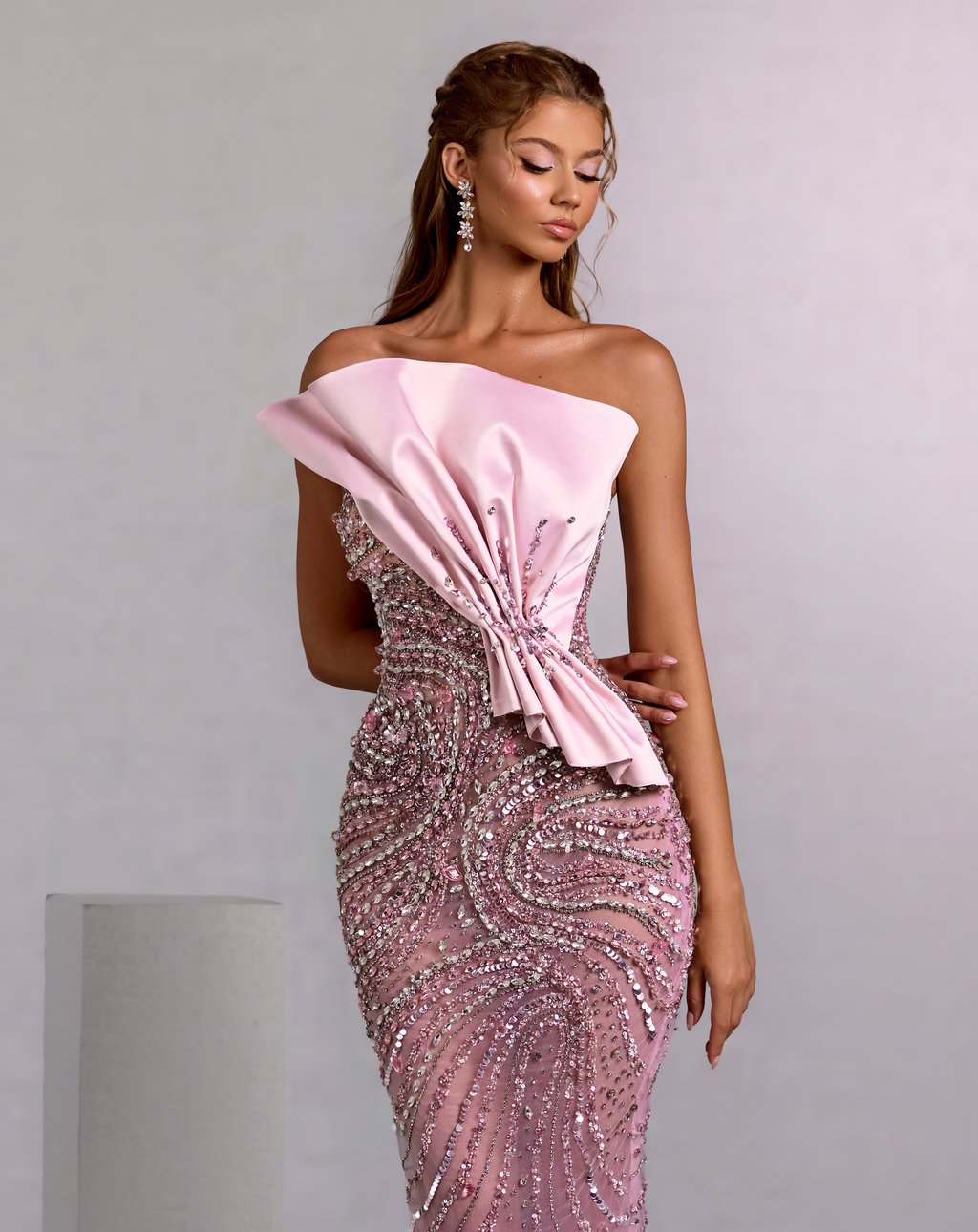Pink Mermaid Gown with Draped Satin and Crystal Swirls