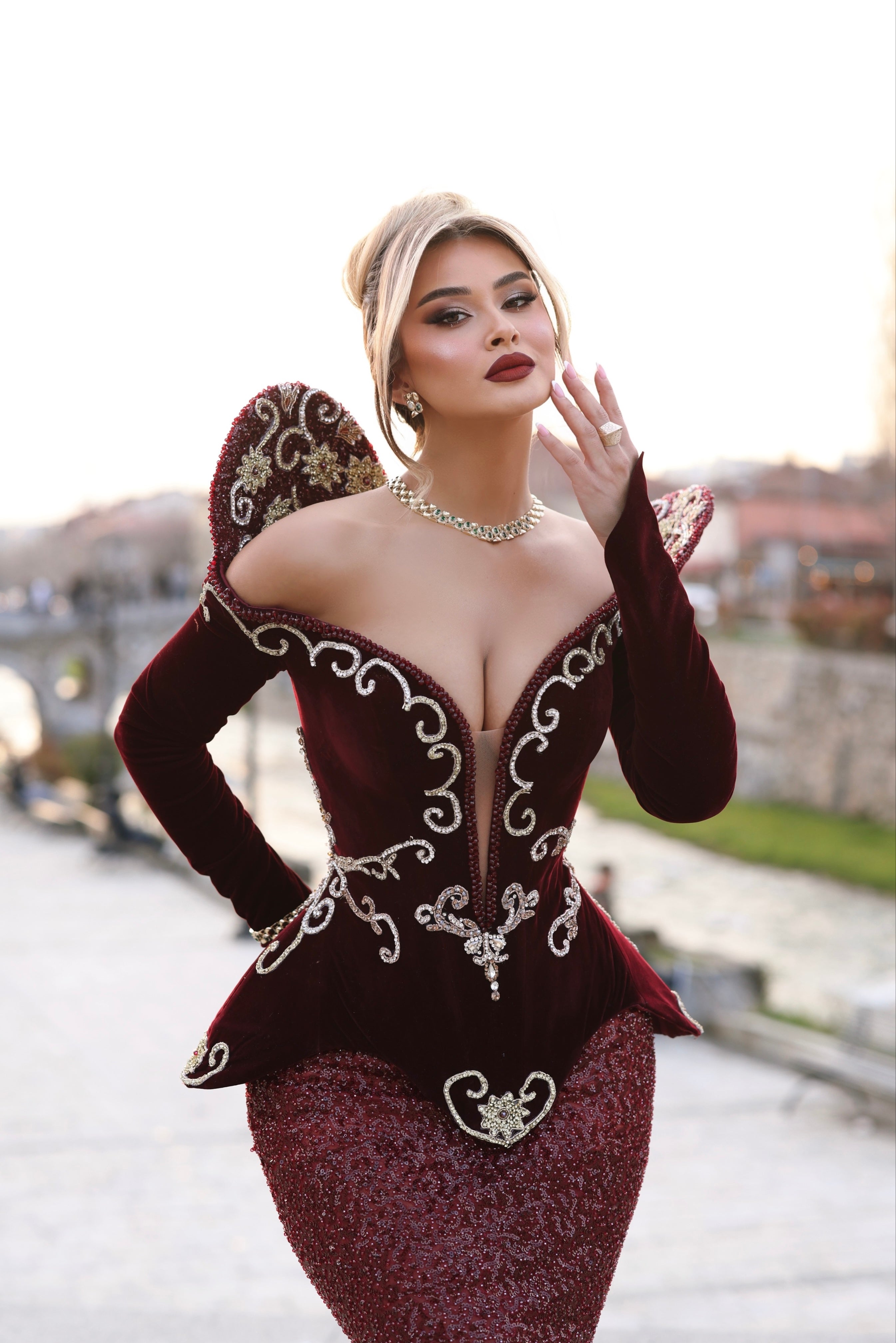 Liridona - Burgundy Velvet Peplum Mermaid Dress