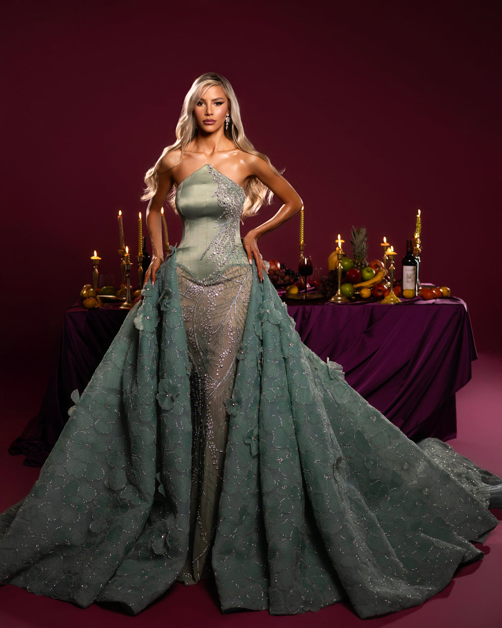 Embroidered Strapless Gown with Floral Train