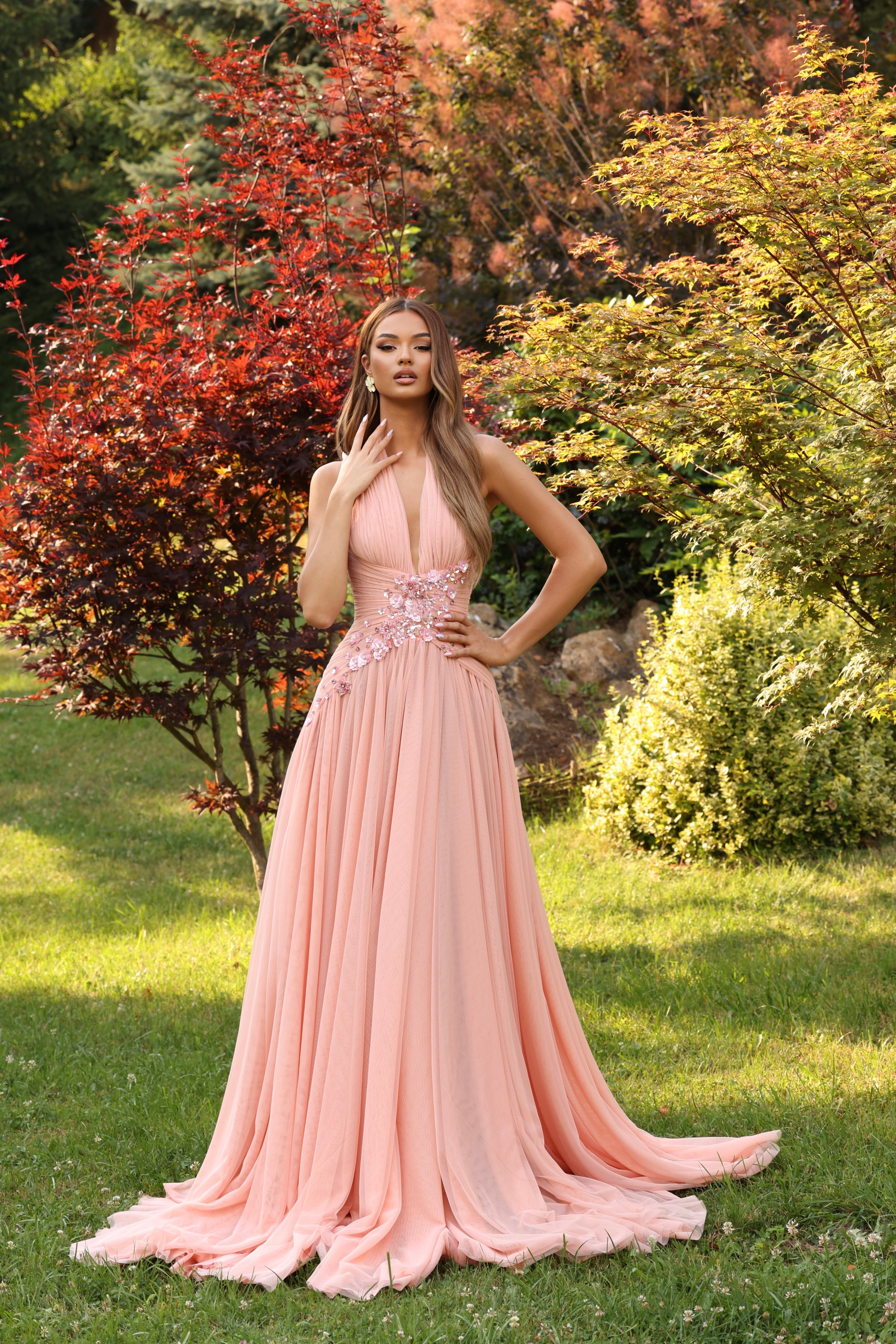 Meliora – Peach Halter Gown with Floral Embellishment M