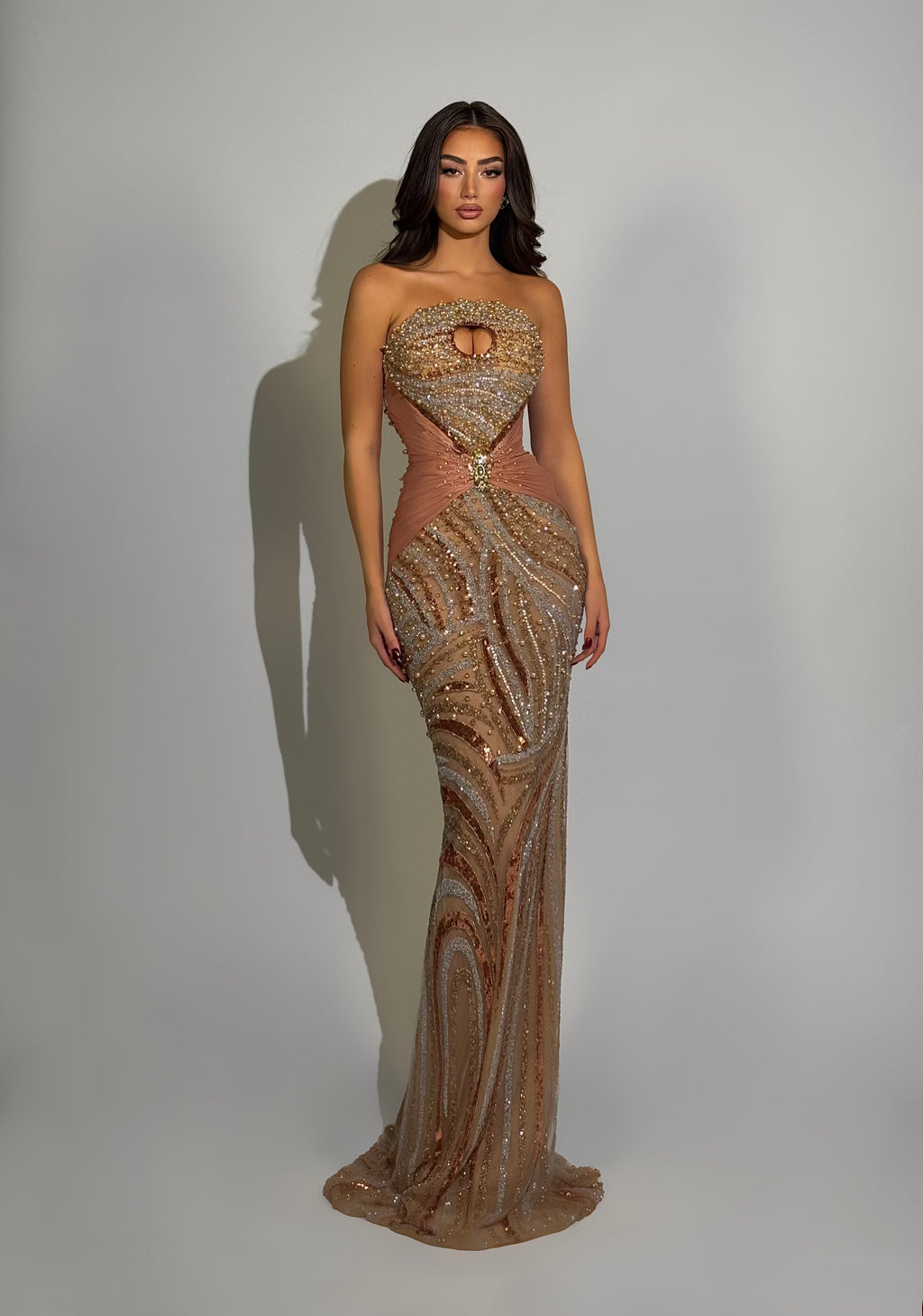 Dionara – Strapless Beaded Corset Gown with Swirl Motif and Center Cutout