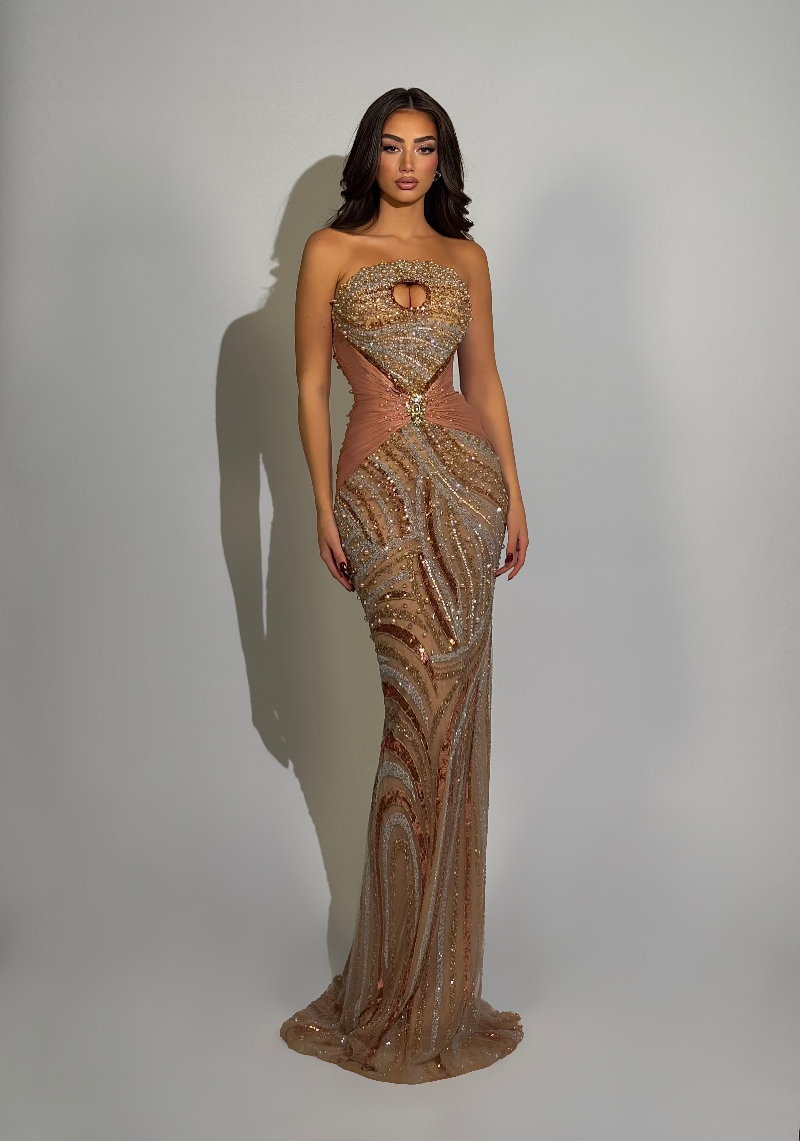 Dionara – Strapless Beaded Corset Gown with Swirl Motif and Center Cutout