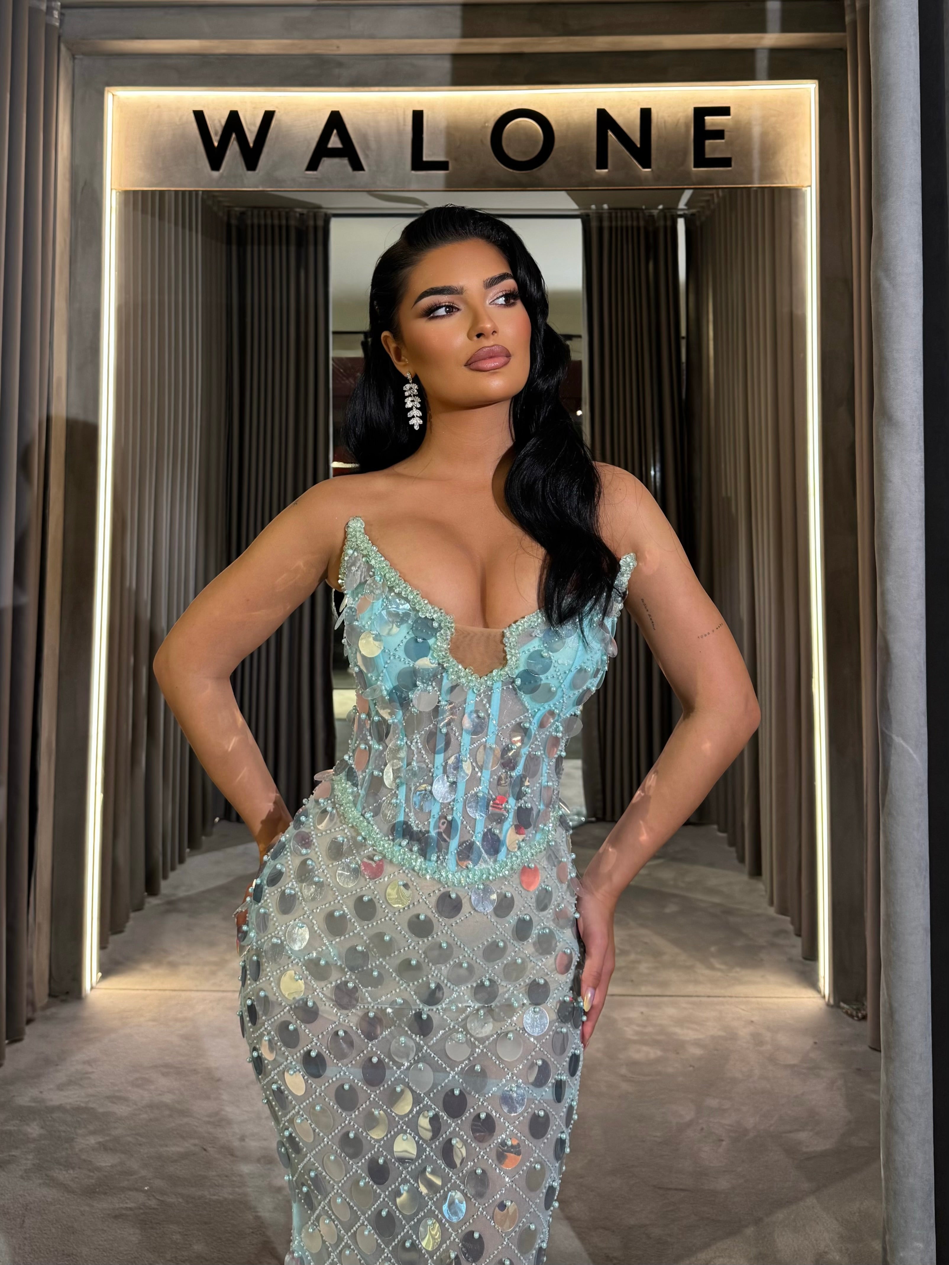 Long dress with crystal mesh overlay and structured corset bodice