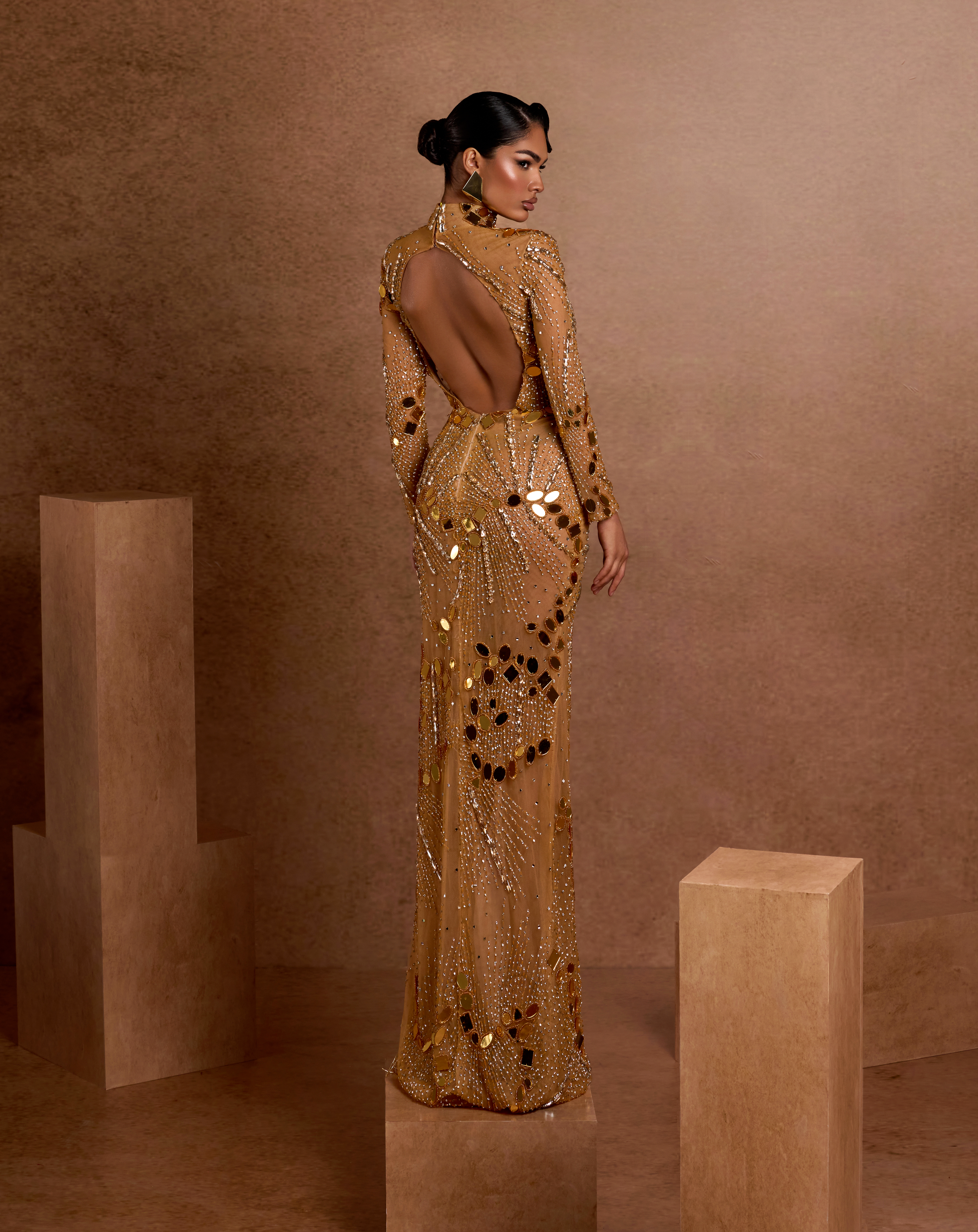 Sun Disk High Neck Sequin Gown