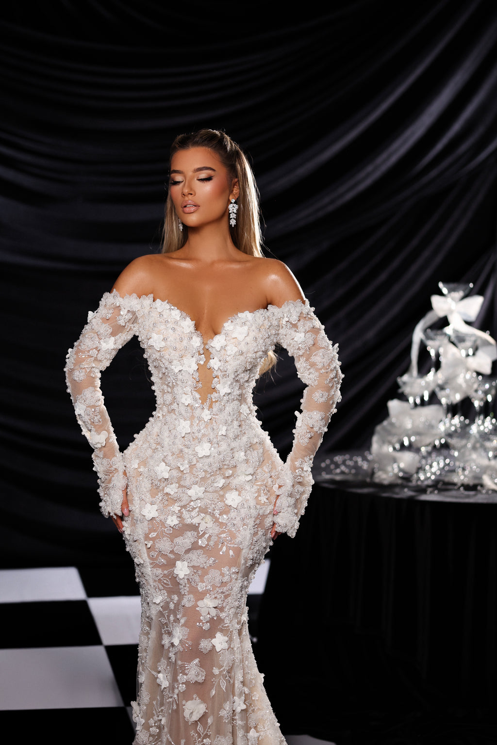 3D Floral Appliqué Wedding Dress with Dramatic Train