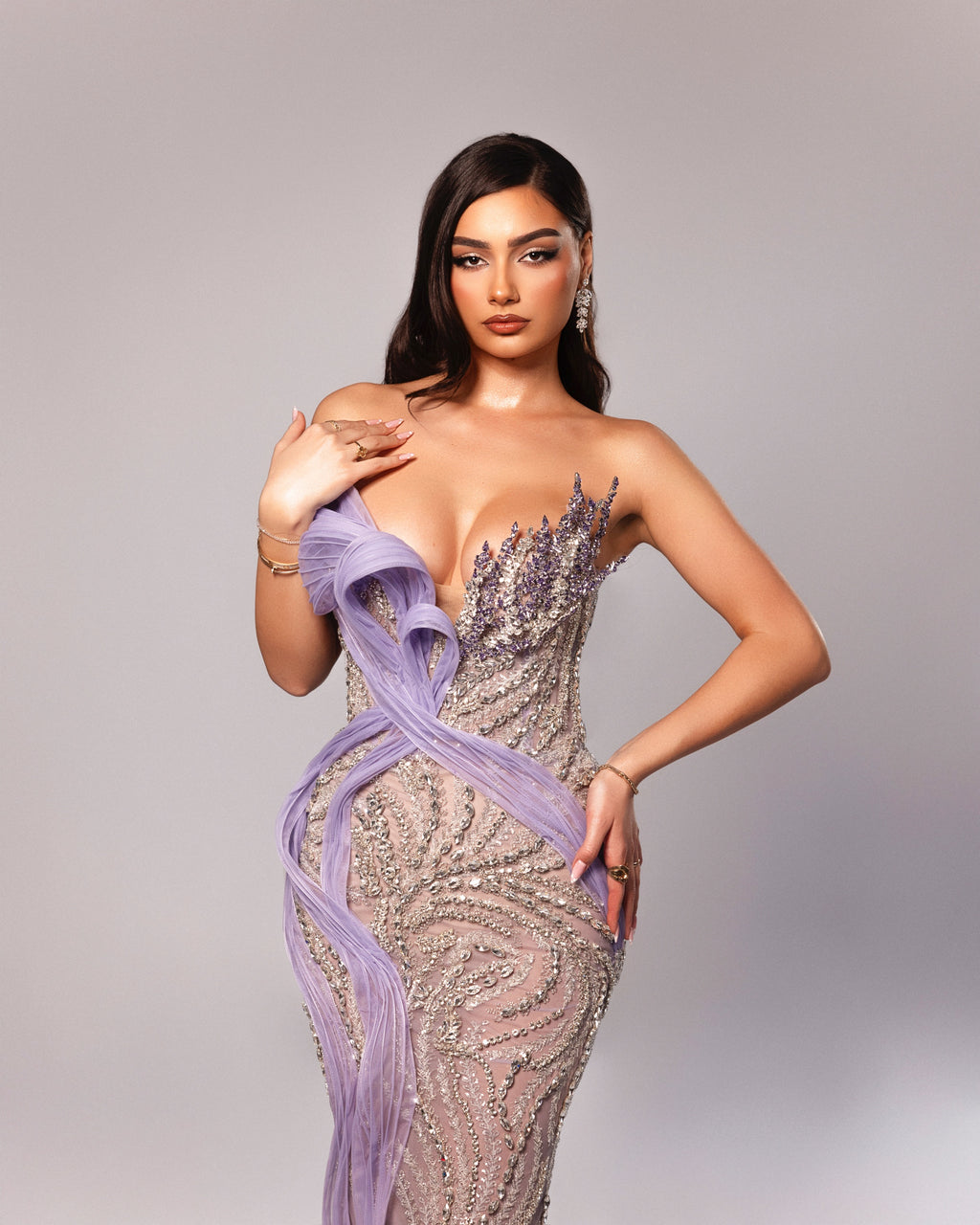 Strapless Beaded Gown with Detachable Cape