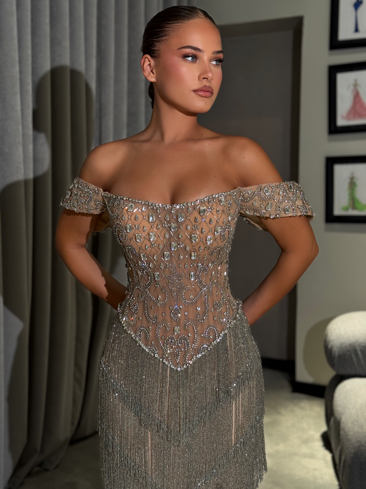Ayona - Crystal fringe slit gown