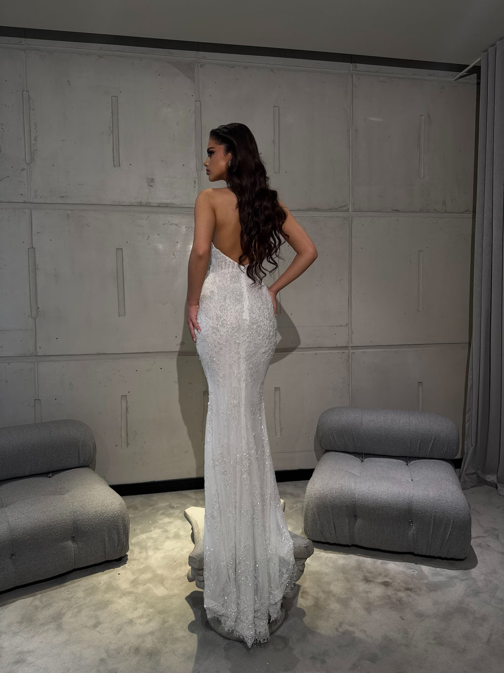 Long White Halter Neck Dress with Beaded Details XS