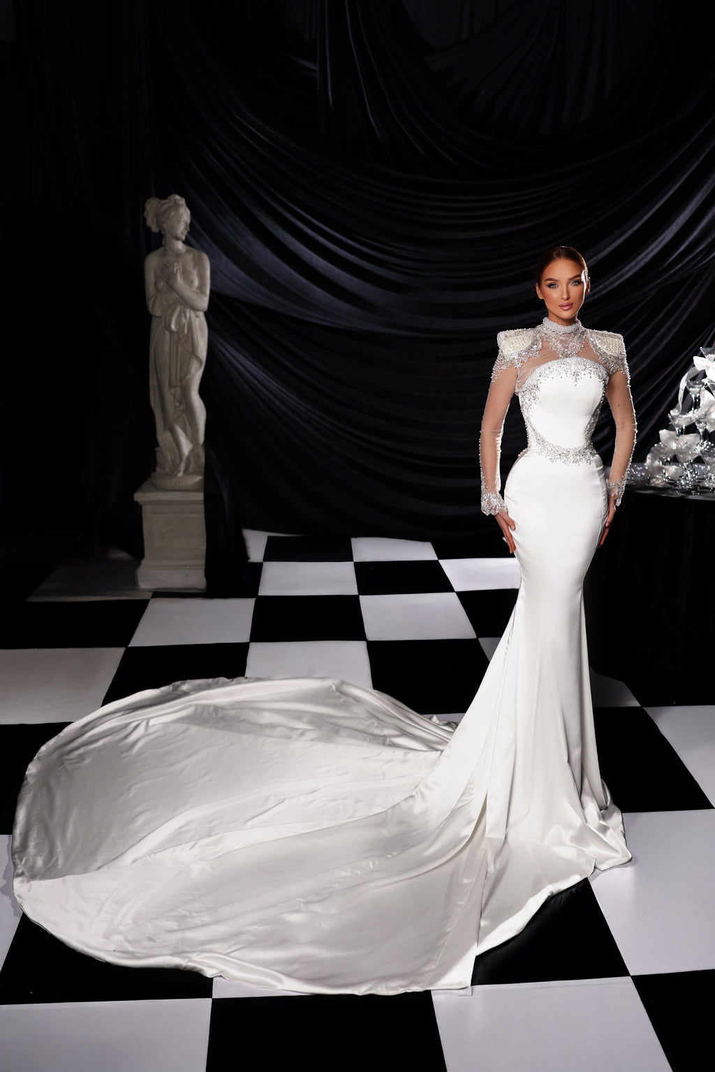 High Neck Bridal Gown with Crystal Embellishments