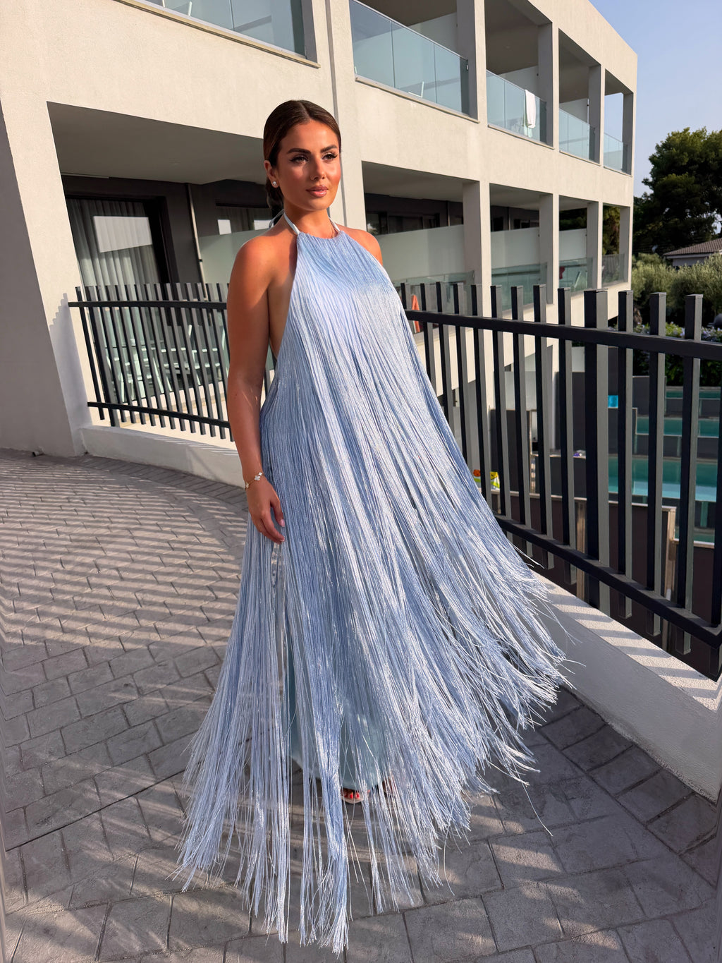 Melina - Halter fringe maxi gown